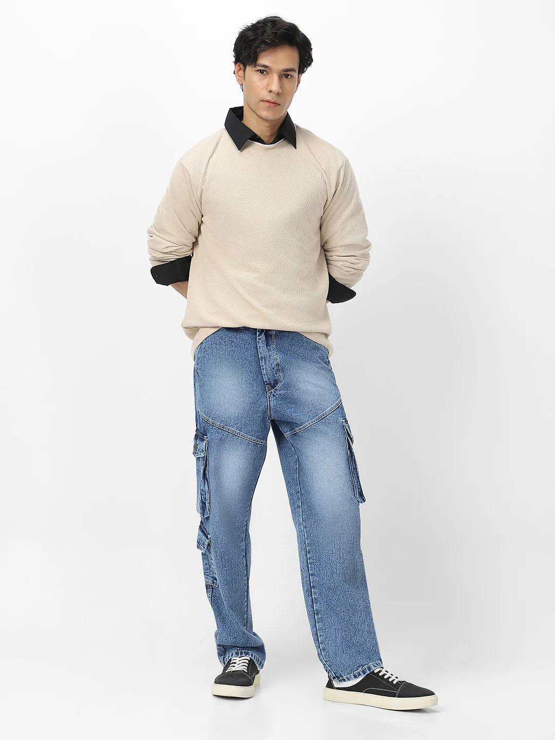 Men's Light Blue Loose Baggy Fit Washed Cargo Jeans with 7 Pockets Non-Stretchable - Image 5