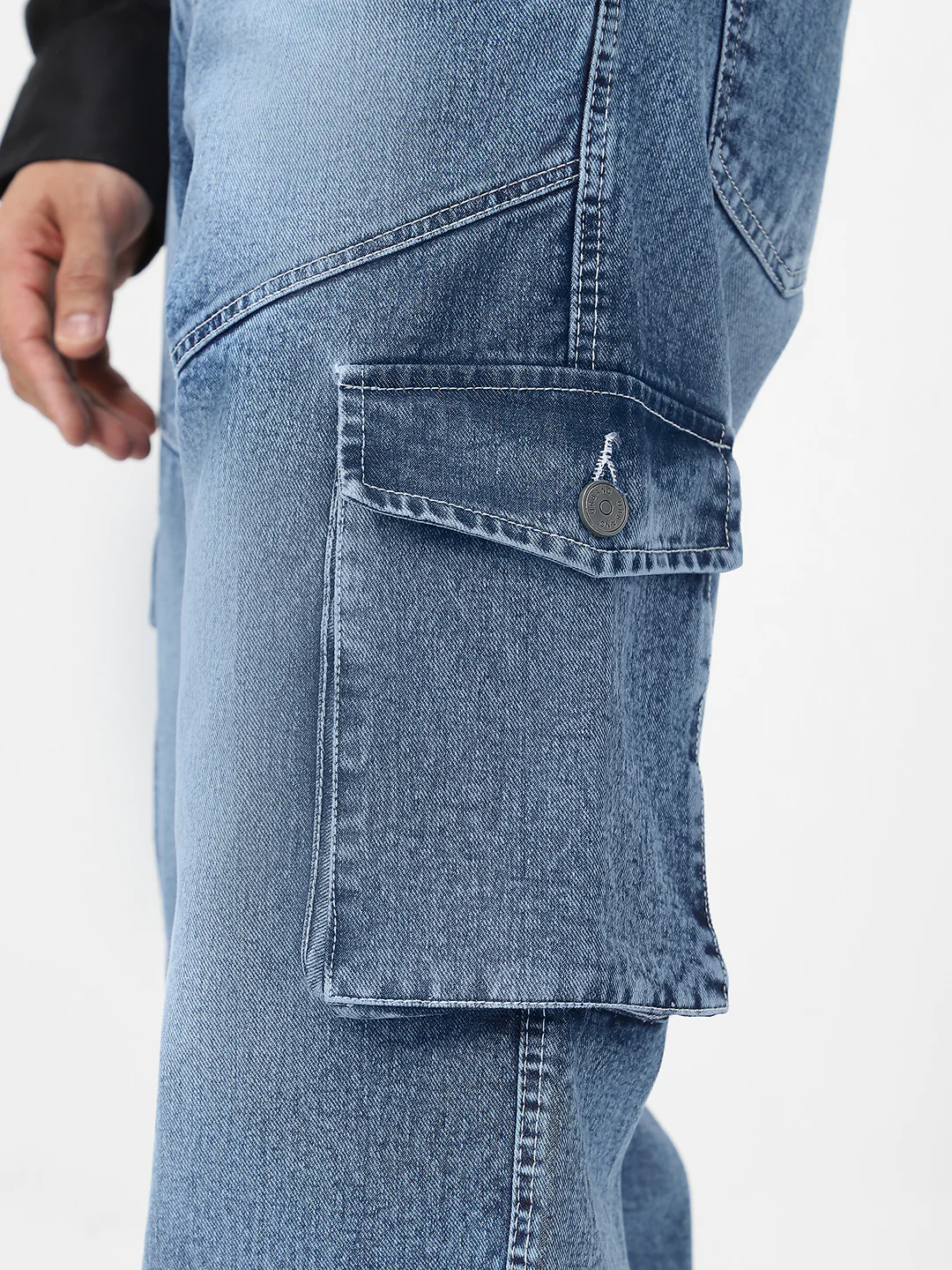 Men's Light Blue Loose Baggy Fit Washed Cargo Jeans with 7 Pockets Non-Stretchable - Image 6