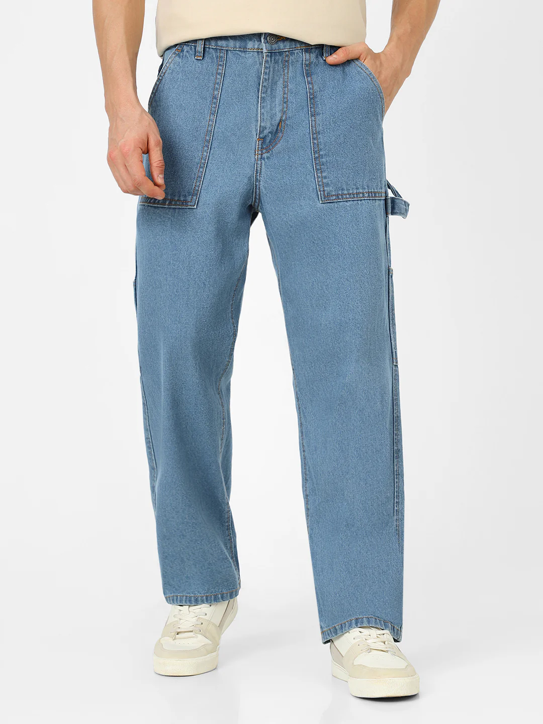 Men's Light Blue Loose Fit Cargo Carpenter Jeans With 6 Pockets Non-Stretchable - Image 2