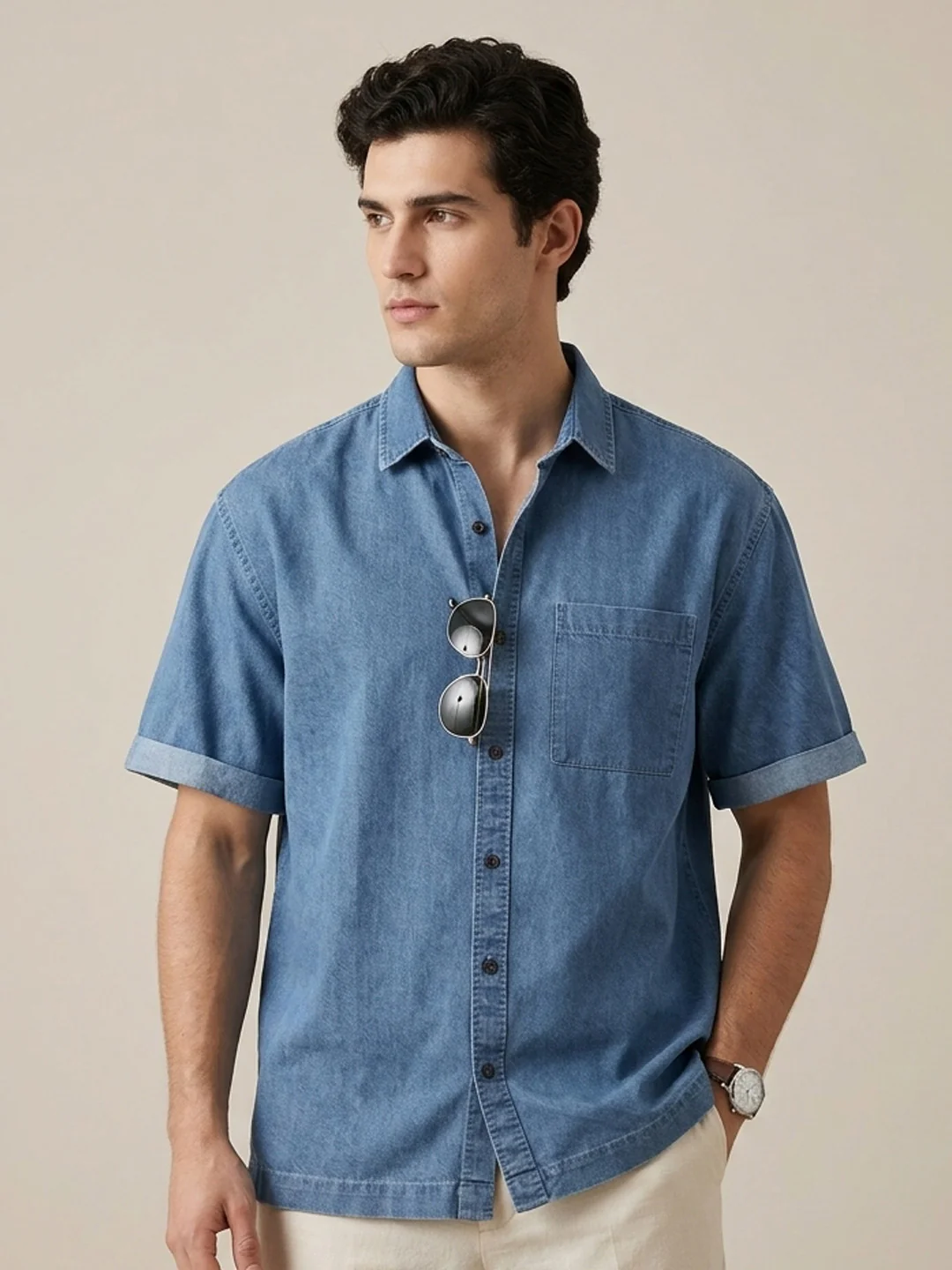 Men's Light Blue Oversized Fit Half Sleeve Solid Casual Denim Shirt