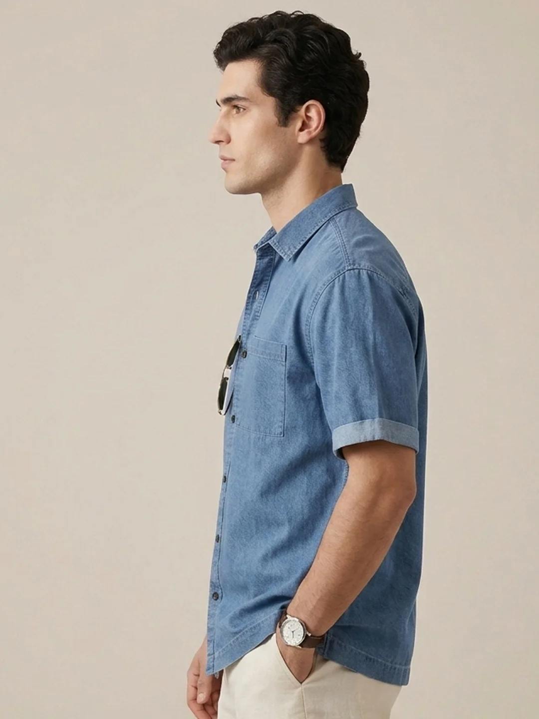 Men's Light Blue Oversized Fit Half Sleeve Solid Casual Denim Shirt - Image 2