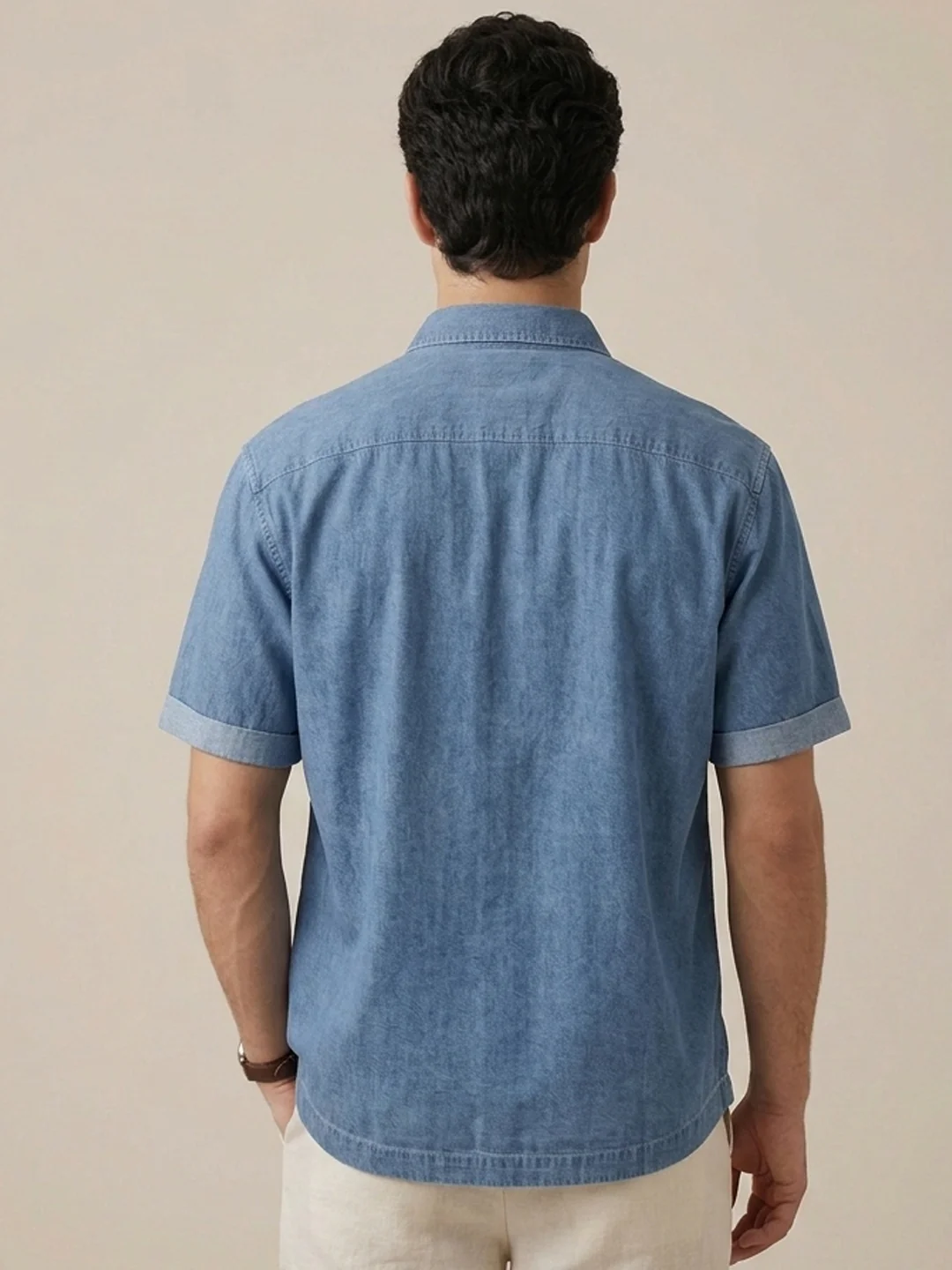 Men's Light Blue Oversized Fit Half Sleeve Solid Casual Denim Shirt - Image 3