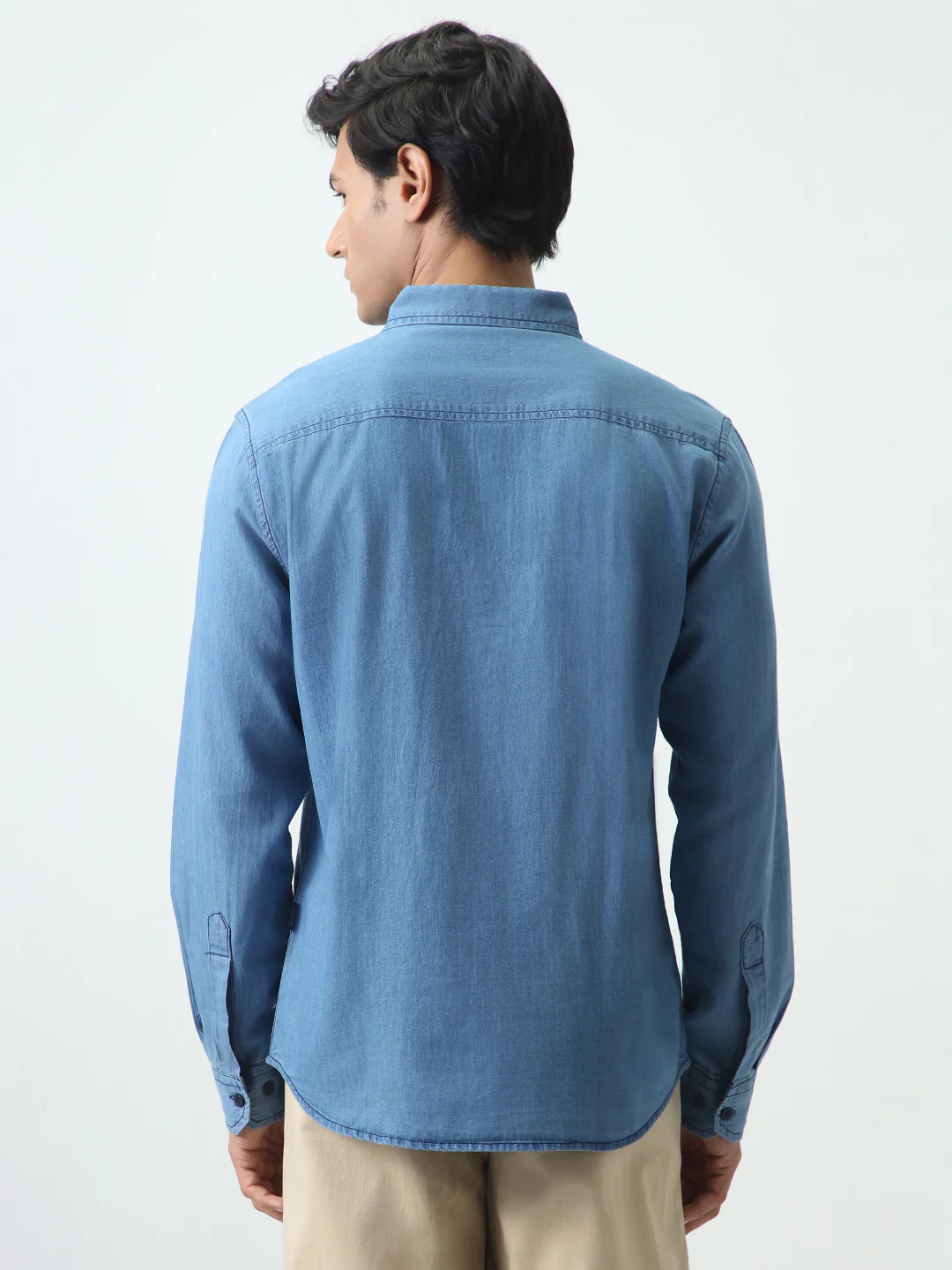 Men's Light Blue Regular Fit Full Sleeve Solid Denim Shirt - Image 3
