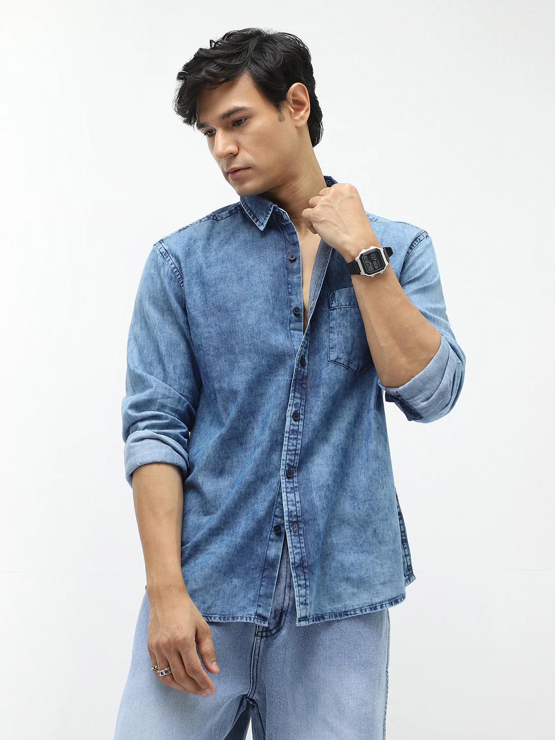 Men's Light Blue Regular Fit Full Sleeve Washed Denim Shirt