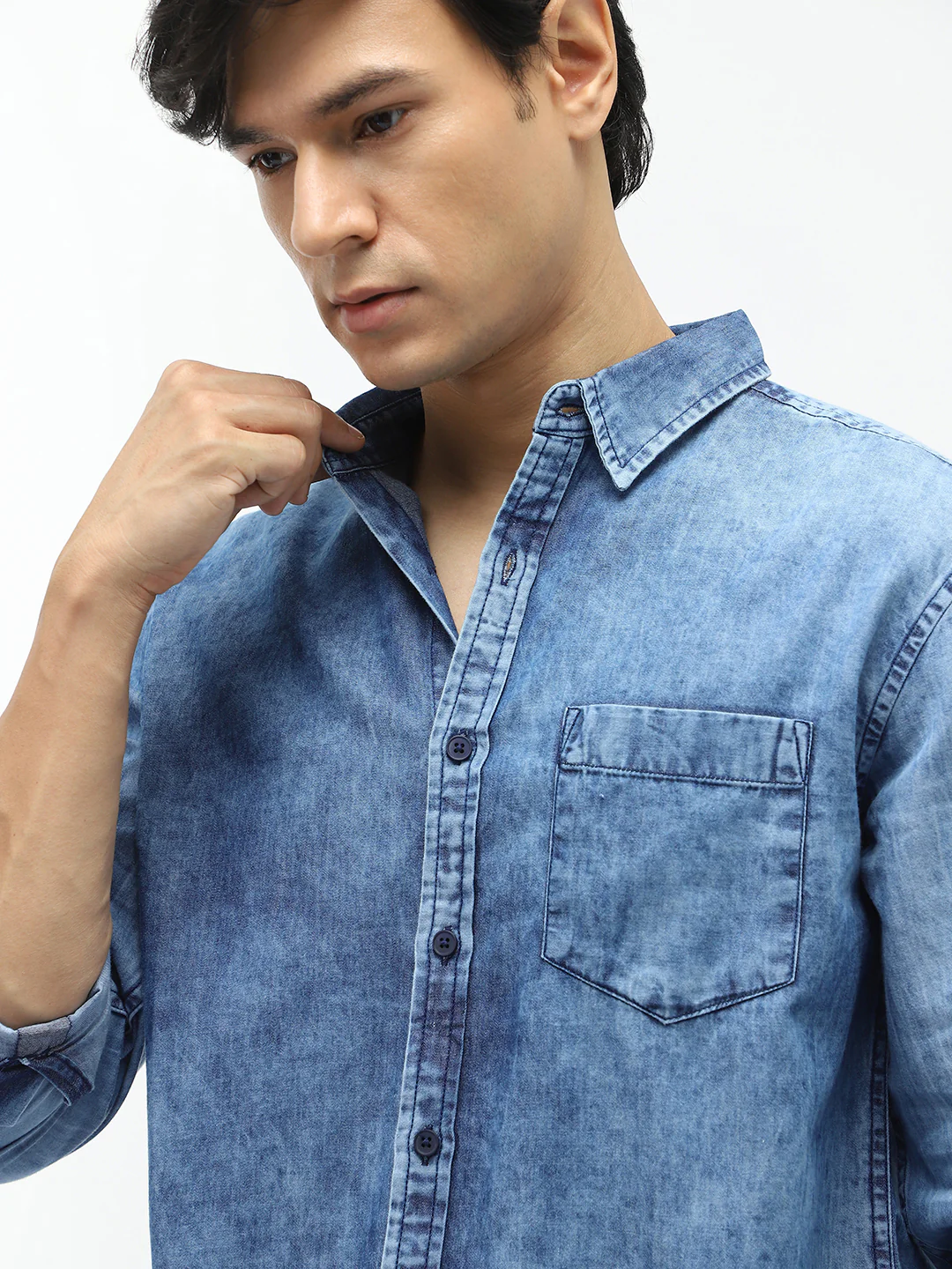 Men's Light Blue Regular Fit Full Sleeve Washed Denim Shirt - Image 6