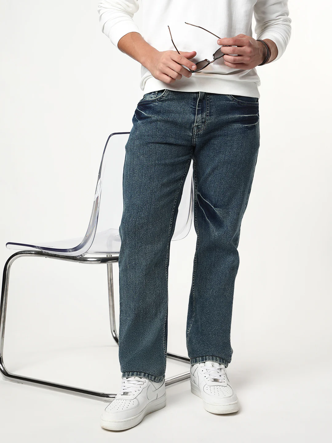 Men's Light Blue Regular Fit Acid Washed Denim Jeans Stretchable