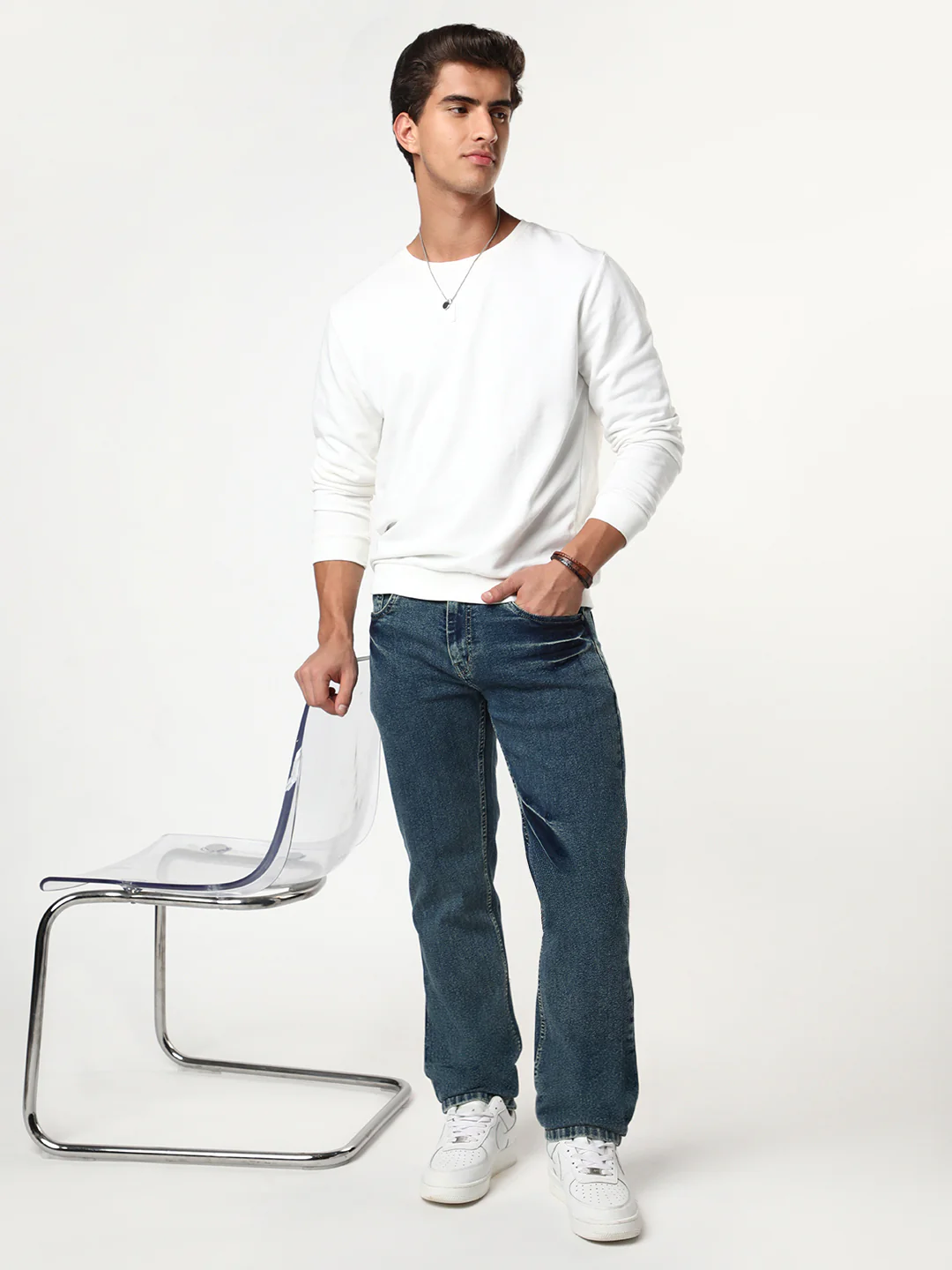 Men's Light Blue Regular Fit Acid Washed Denim Jeans Stretchable - Image 4