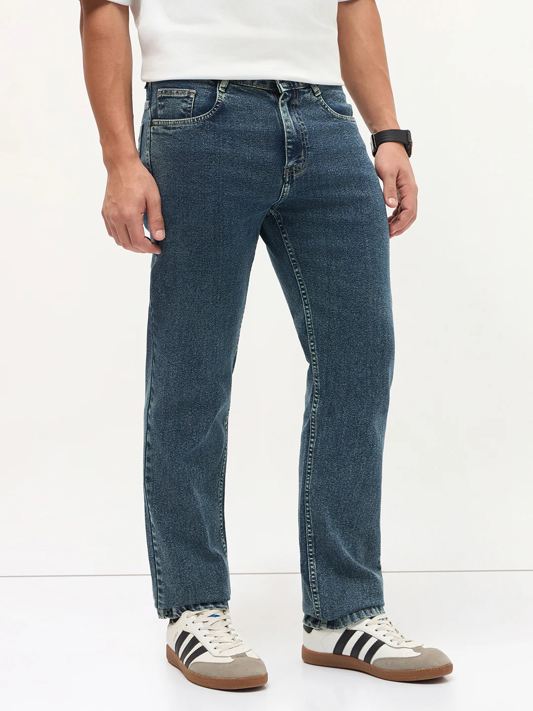 Men's Light Blue Regular Fit Towel Washed Yellow Tint Denim Jeans Stretchable - Image 3