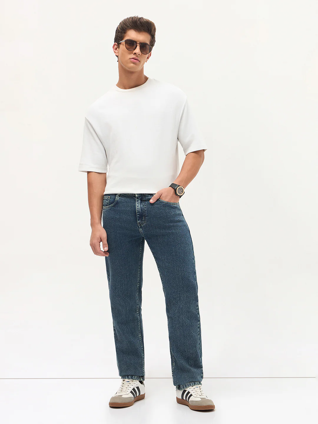 Men's Light Blue Regular Fit Towel Washed Yellow Tint Denim Jeans Stretchable - Image 5