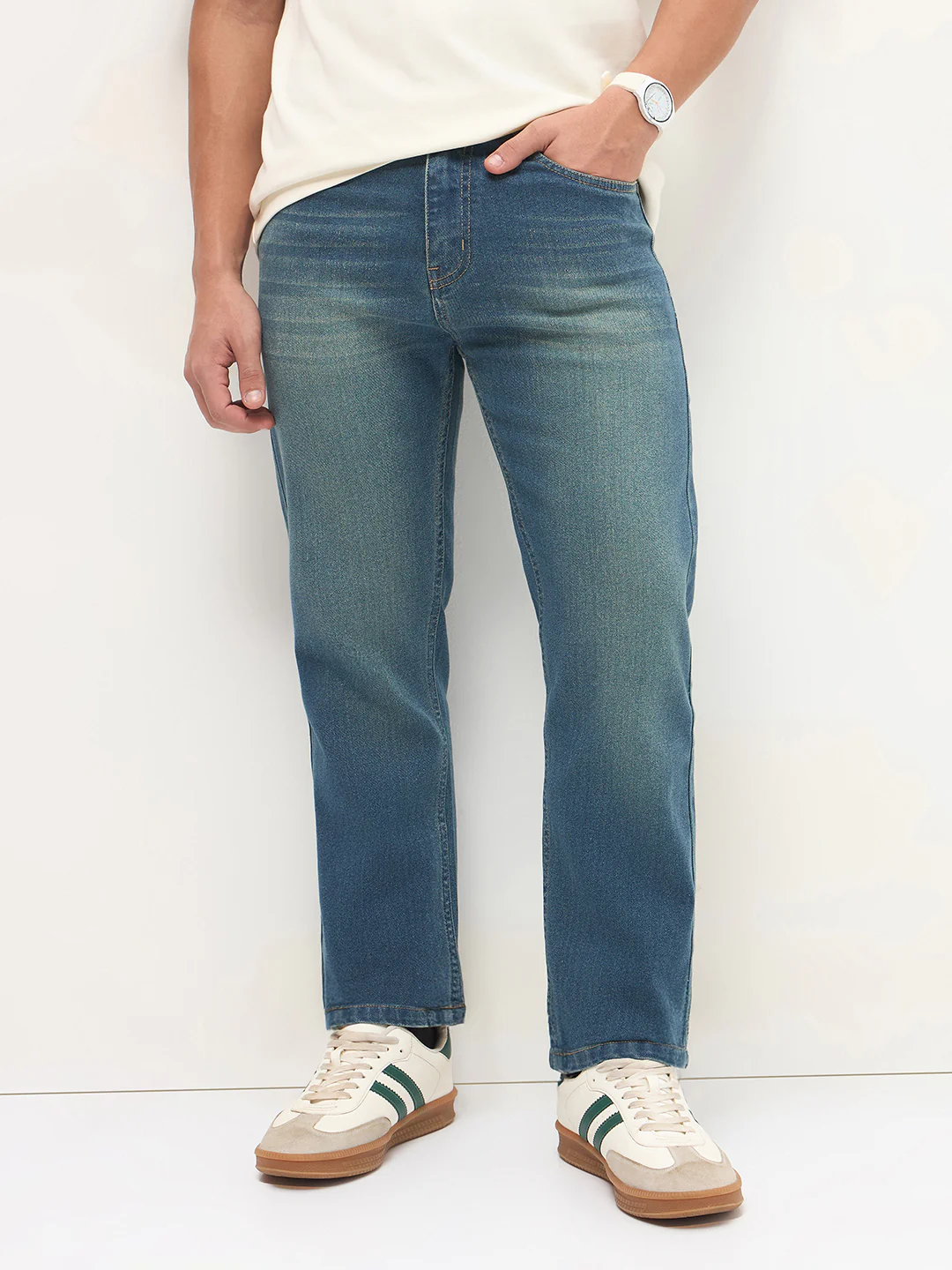 Men's Light Blue Regular Fit Whisker Wash Yellow Tint Denim Jeans Stretchable - Image 2