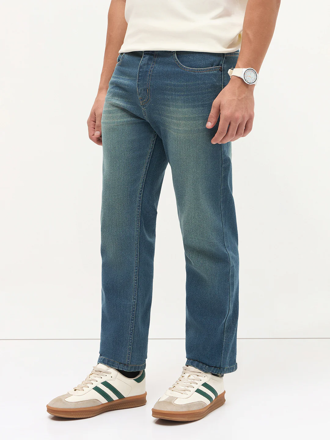 Men's Light Blue Regular Fit Whisker Wash Yellow Tint Denim Jeans Stretchable - Image 3