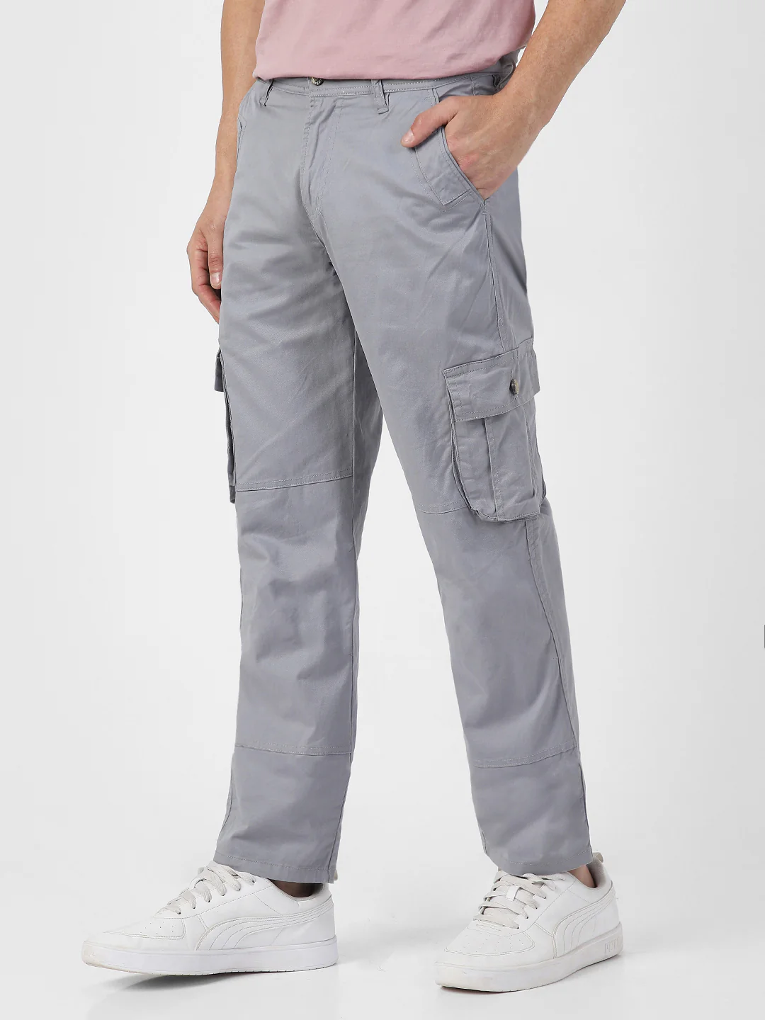 Men's Light Blue Regular Fit Solid Cargo Chino Pant with 6 Pockets - Image 3
