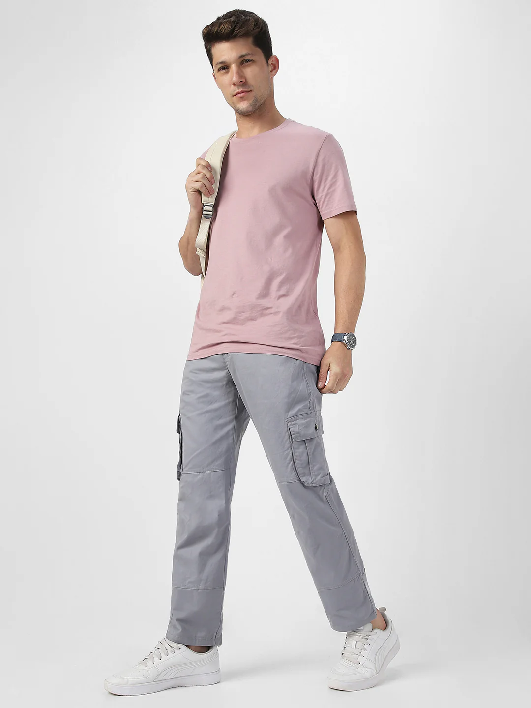 Men's Light Blue Regular Fit Solid Cargo Chino Pant with 6 Pockets - Image 5