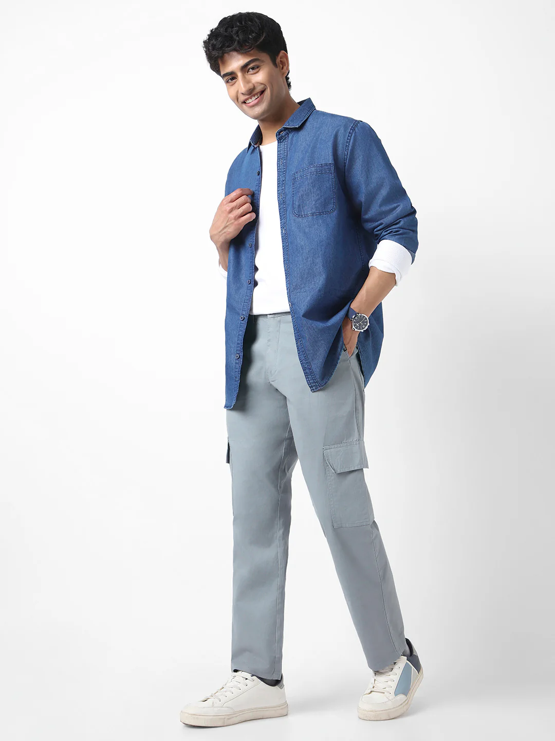 Urbano Fashion Men's Light Blue Regular Fit Solid Cargo Chino Pant with 6 Pockets Stretchable - Image 4