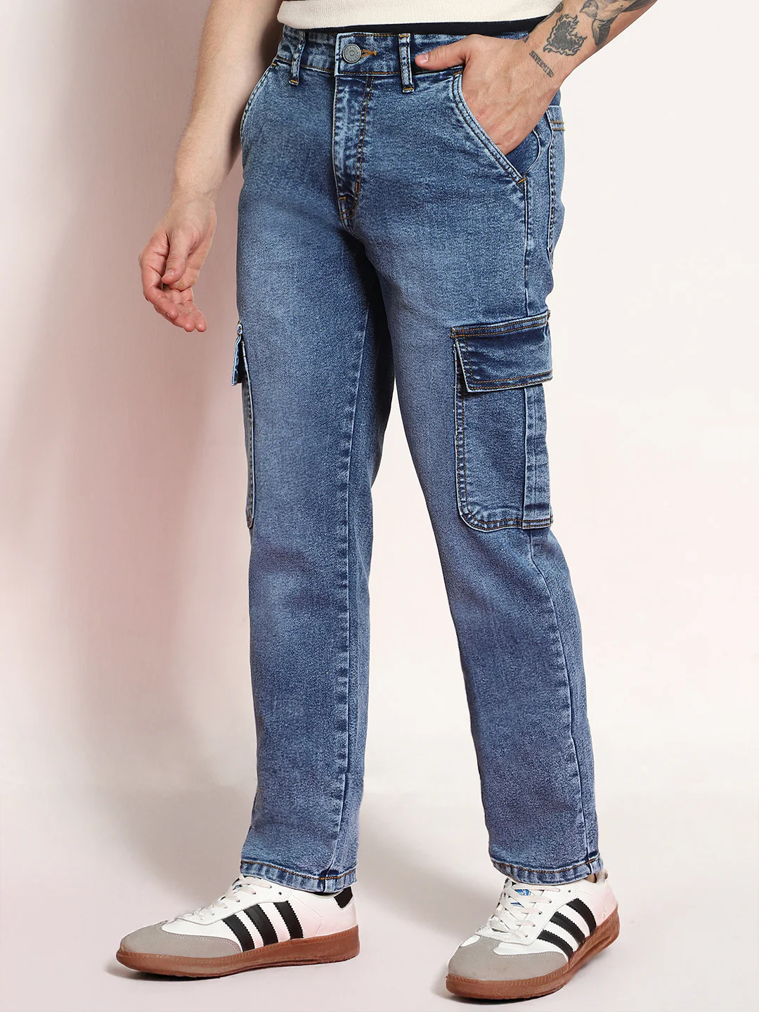 Men's Light Blue Regular Fit Washed Cargo Jeans With 6 Pockets Stretchable - Image 2
