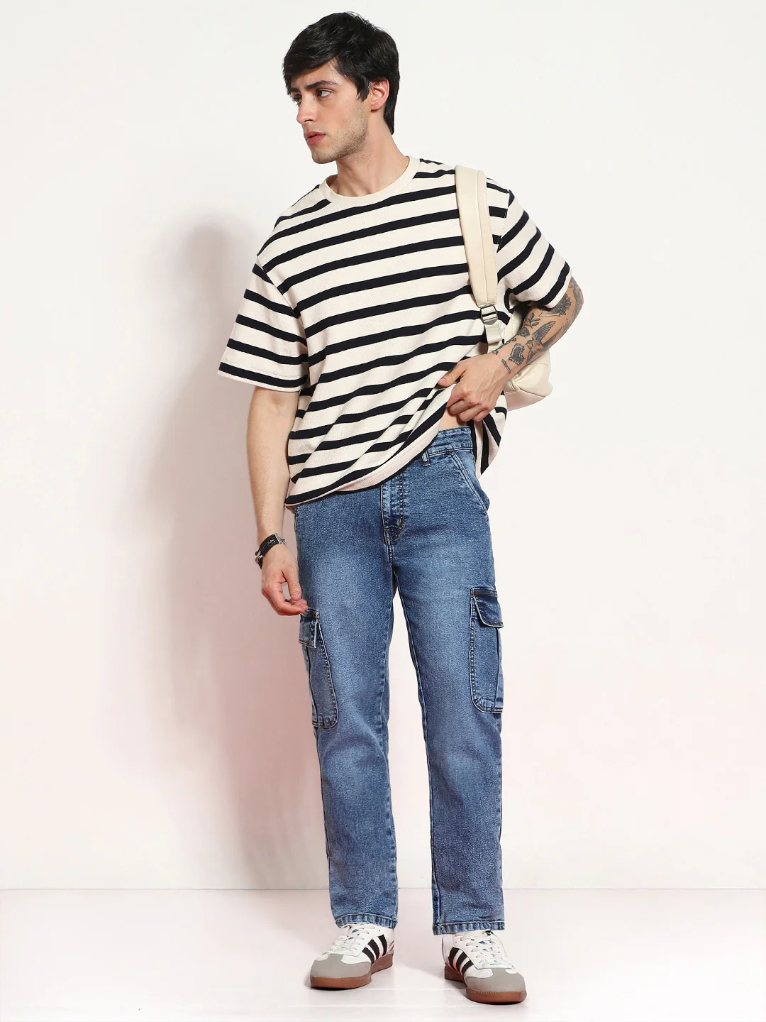 Men's Light Blue Regular Fit Washed Cargo Jeans With 6 Pockets Stretchable - Image 3