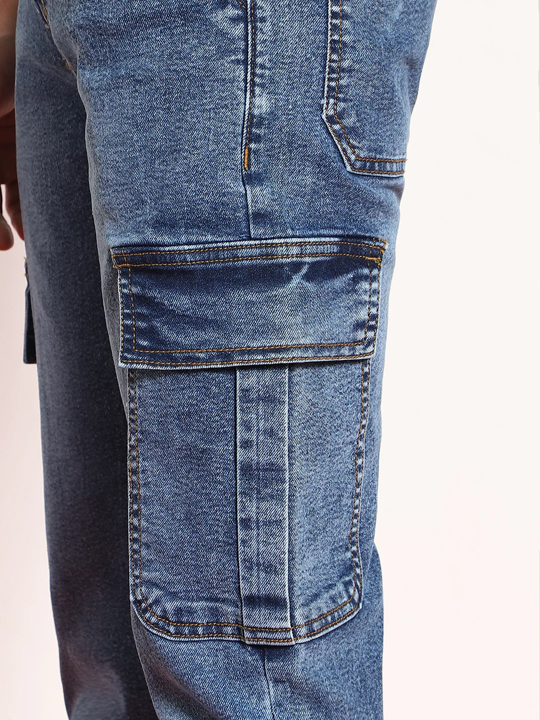 Men's Light Blue Regular Fit Washed Cargo Jeans With 6 Pockets Stretchable - Image 4