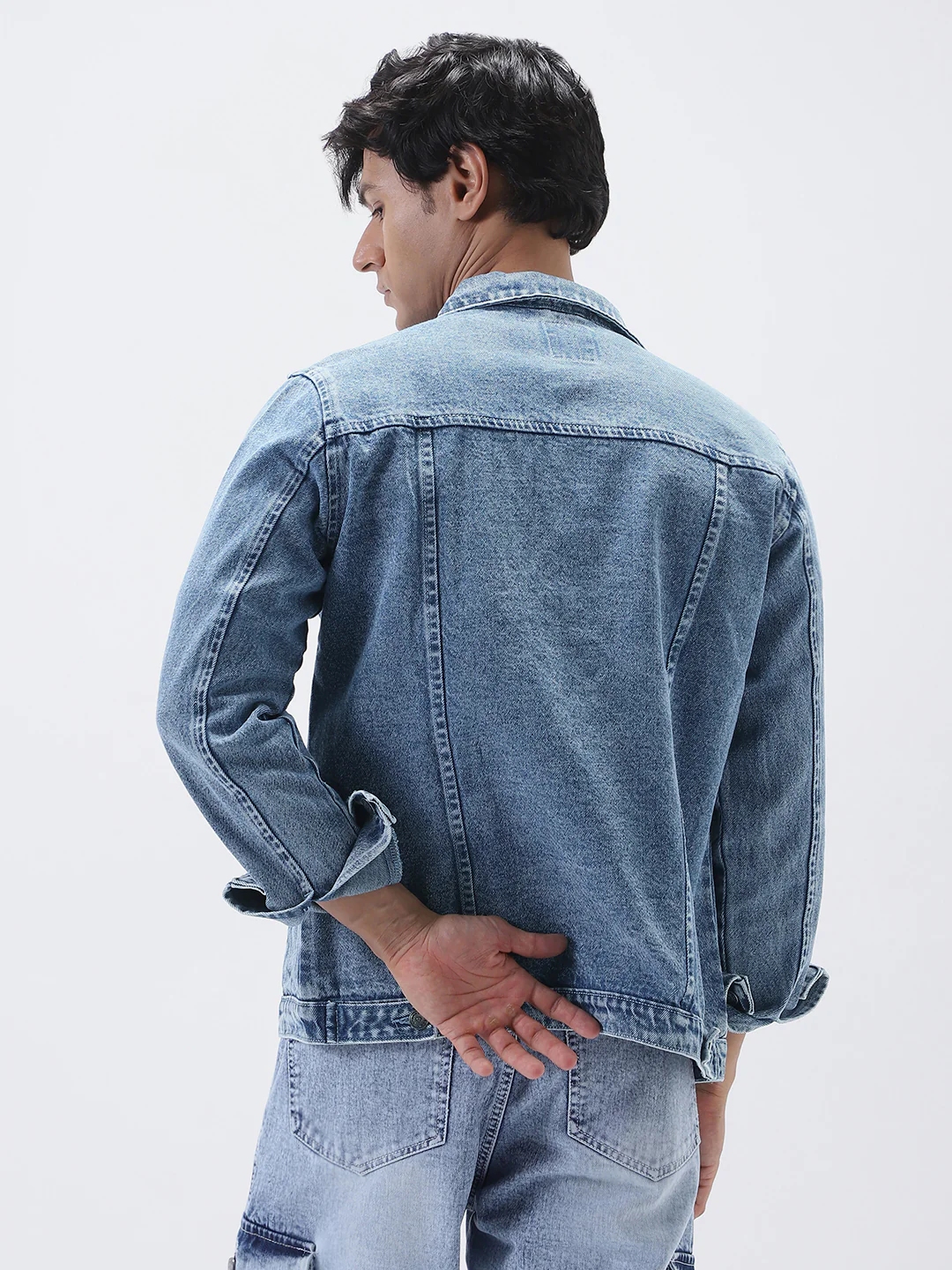 Men's Light Blue Regular Fit Washed Full Sleeve Denim Jacket - Image 4