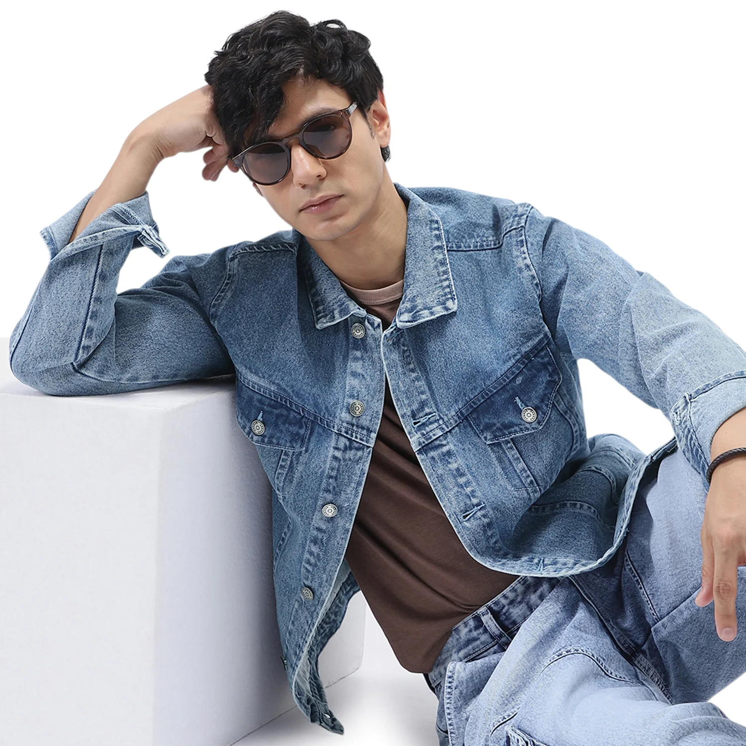 Men's Light Blue Regular Fit Washed Full Sleeve Denim Jacket - Image 5