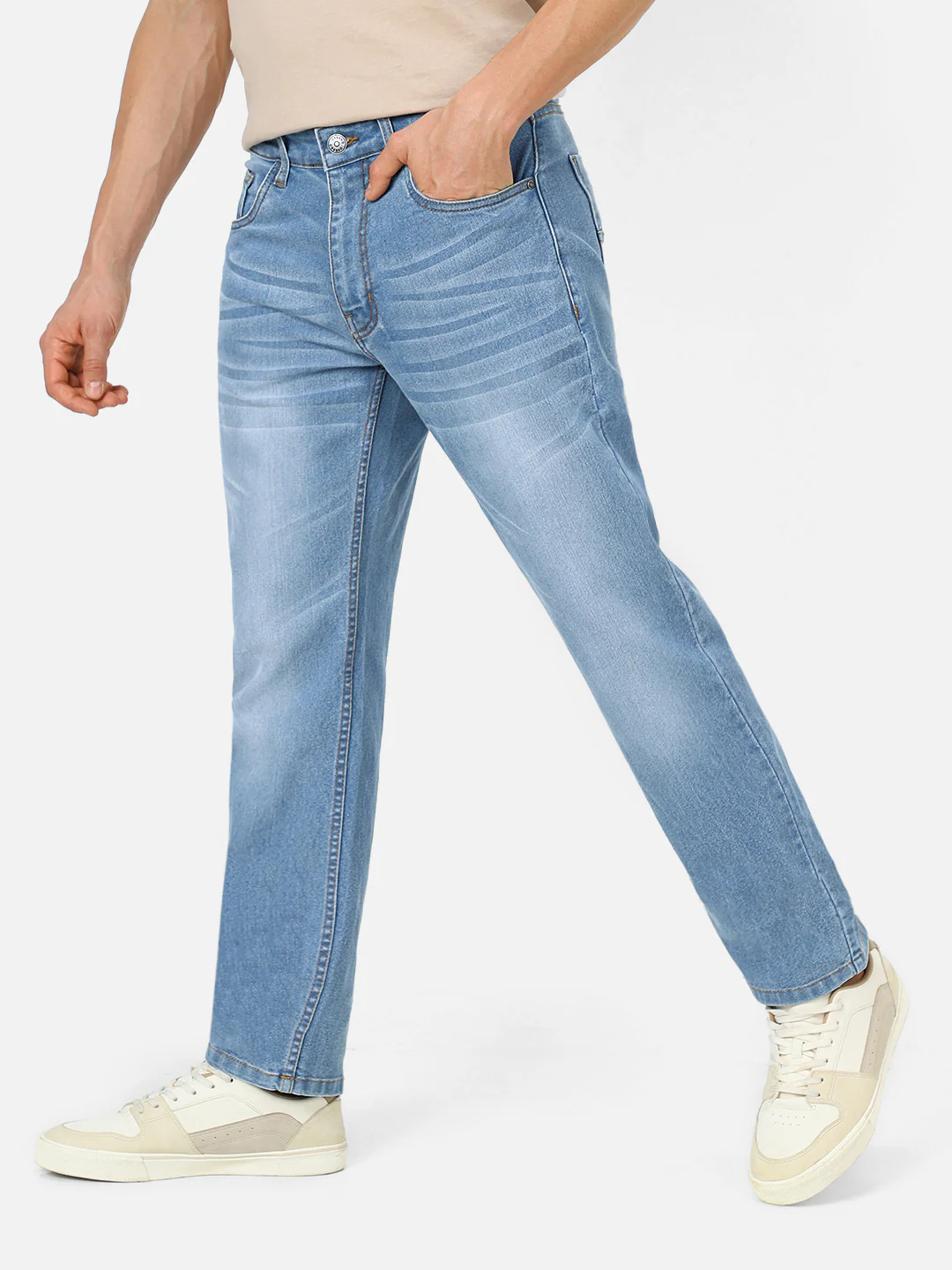 Men's Light Blue Regular Fit Washed Jeans Stretchable - Image 2