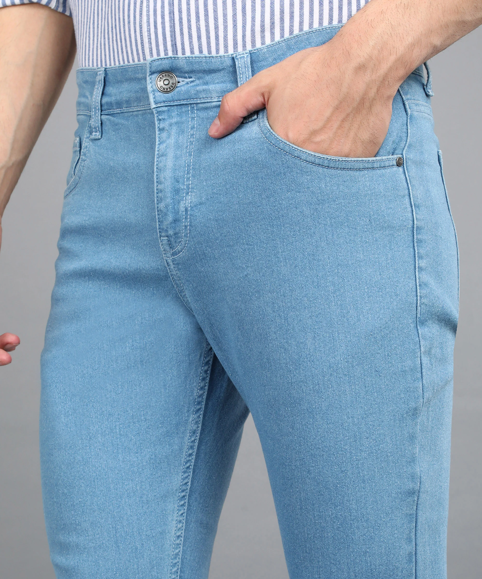 Men's Light Blue Regular Fit Washed Jeans Stretchable - Image 5