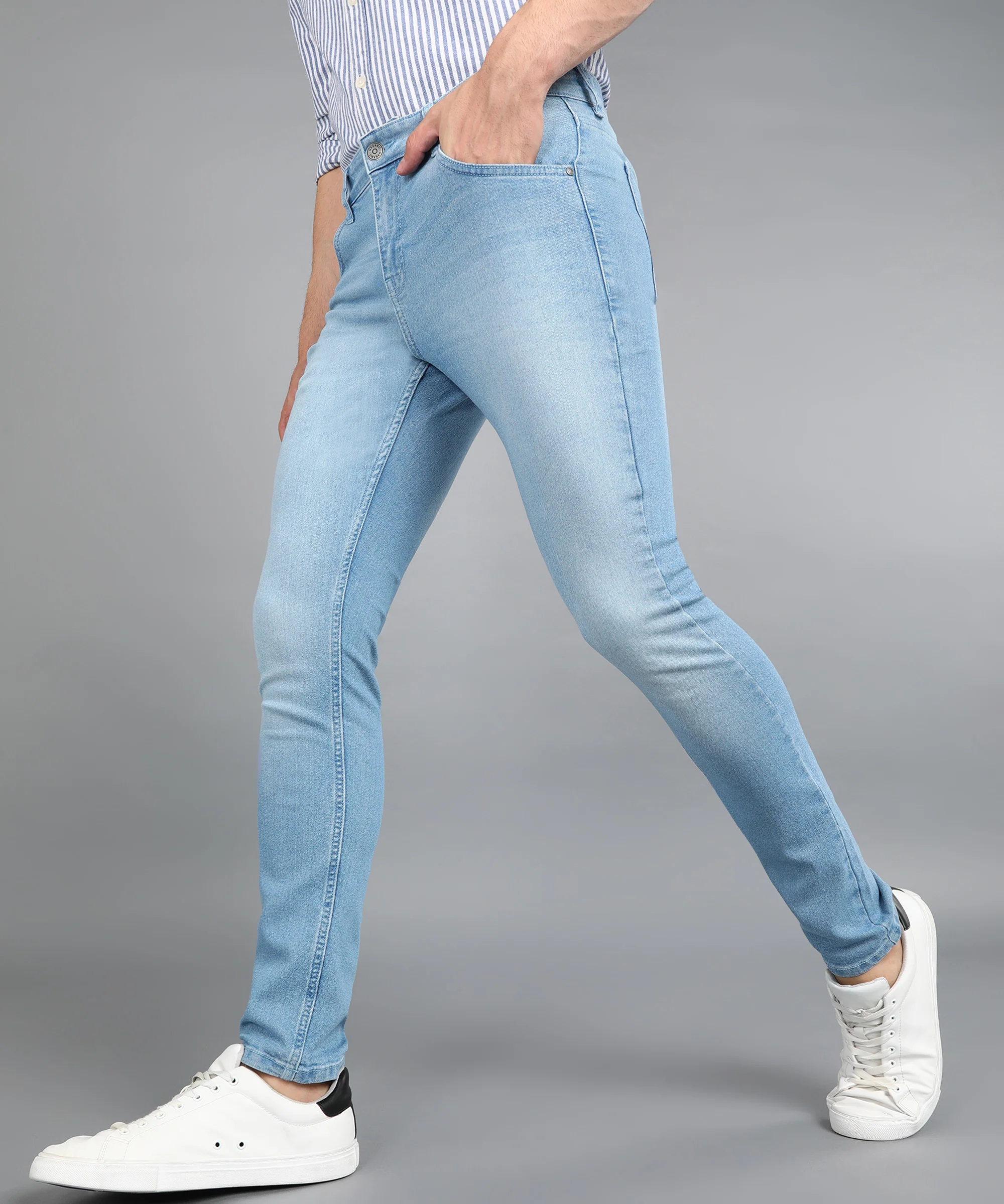 Men's Light Blue Regular Fit Washed Jeans Stretchable - Image 2