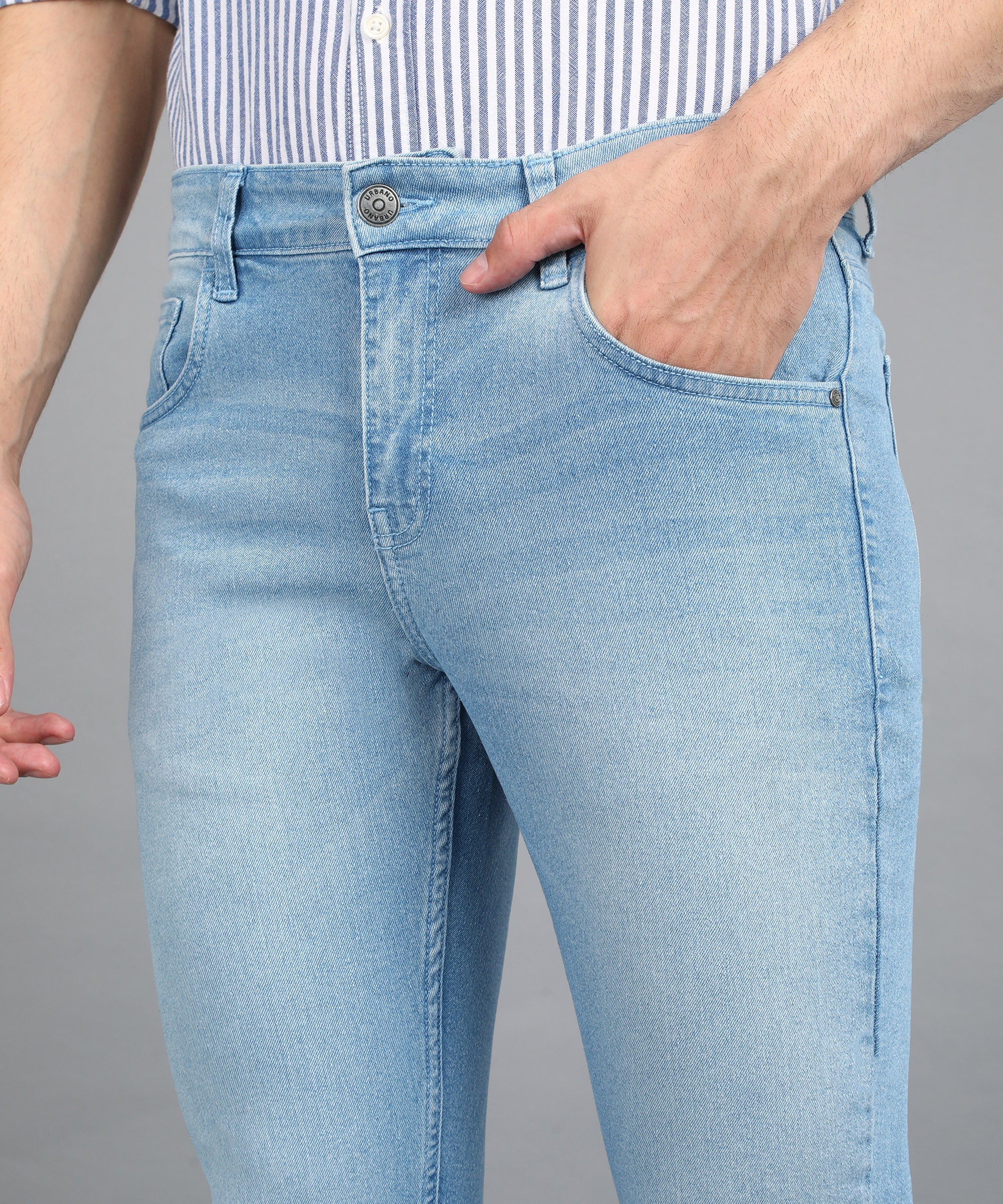 Men's Light Blue Regular Fit Washed Jeans Stretchable - Image 5