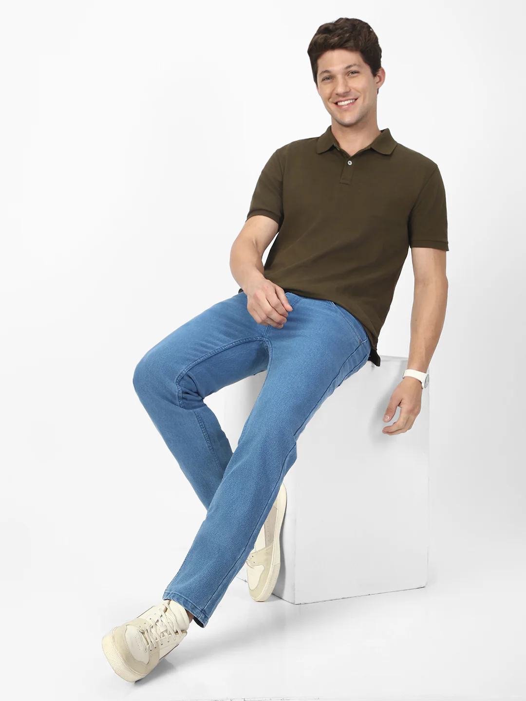 Men's Light Blue Regular Fit Washed Jeans Stretchable - Image 5