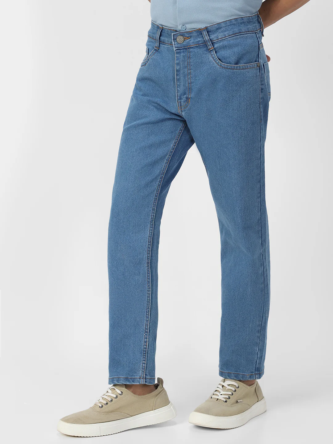 Men's Light Blue Regular Fit Washed Jeans Stretchable - Image 3