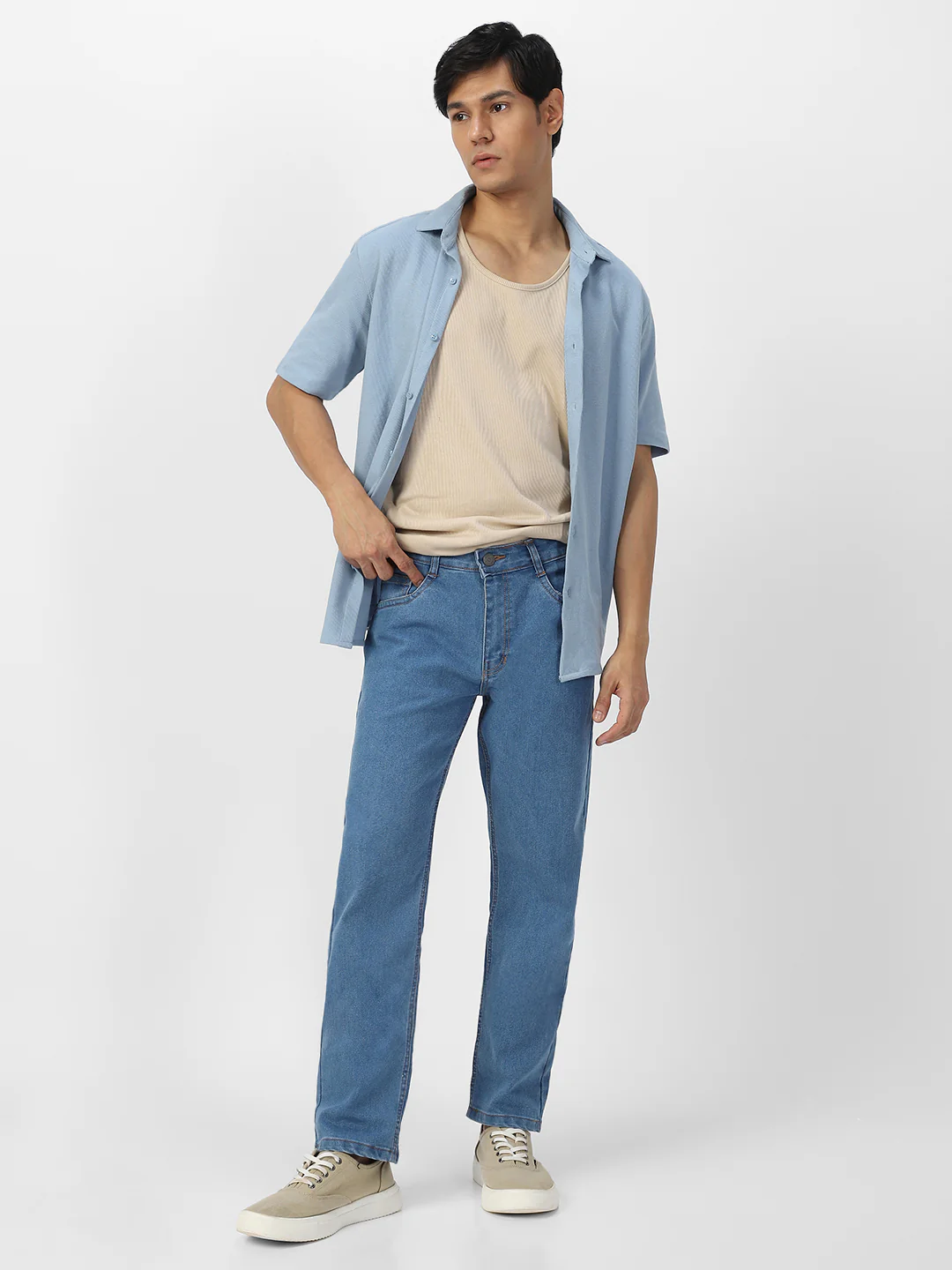 Men's Light Blue Regular Fit Washed Jeans Stretchable - Image 5