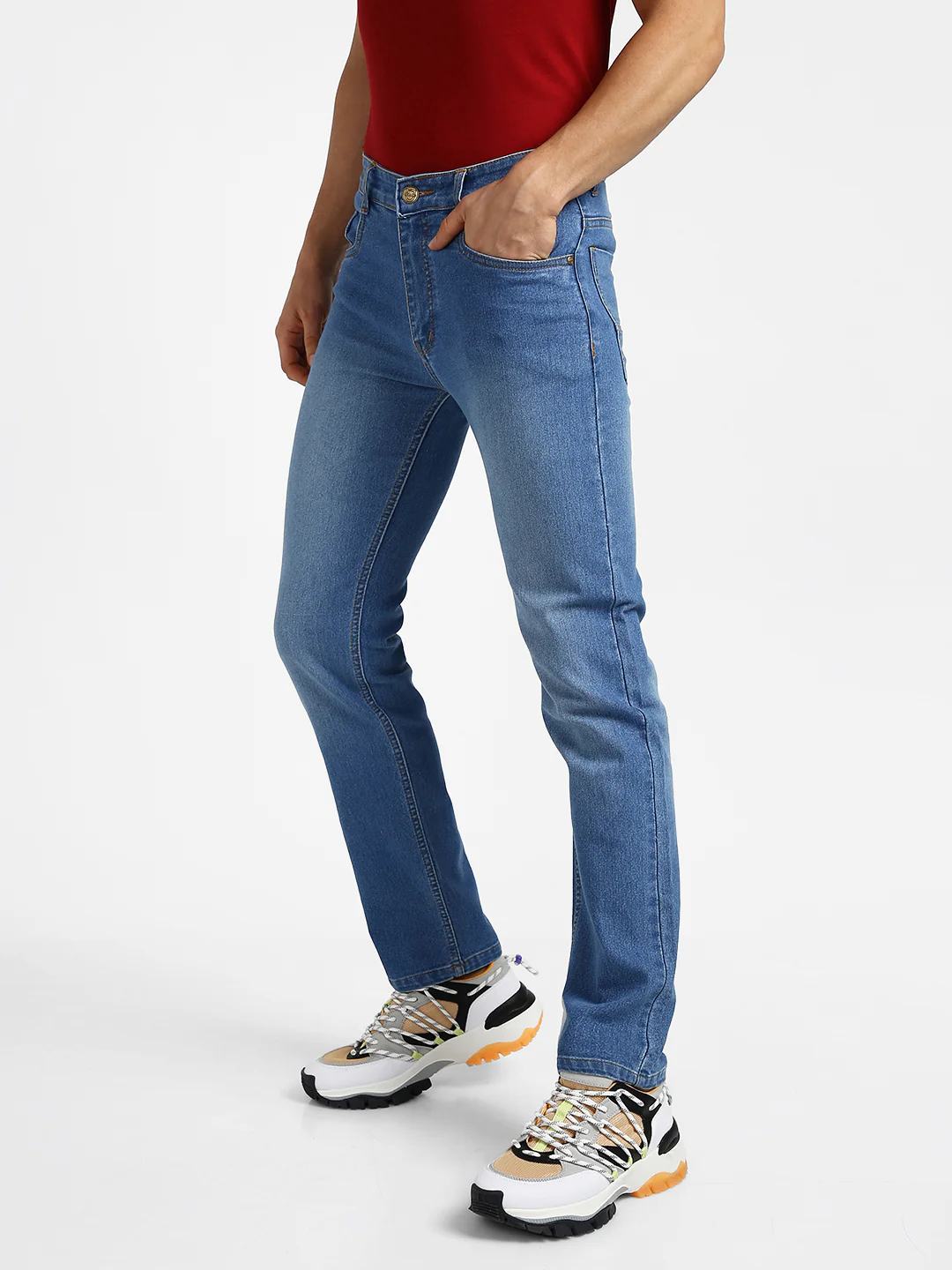 Men's Lightish Blue Regular Fit Washed Jeans Stretchable - Image 2