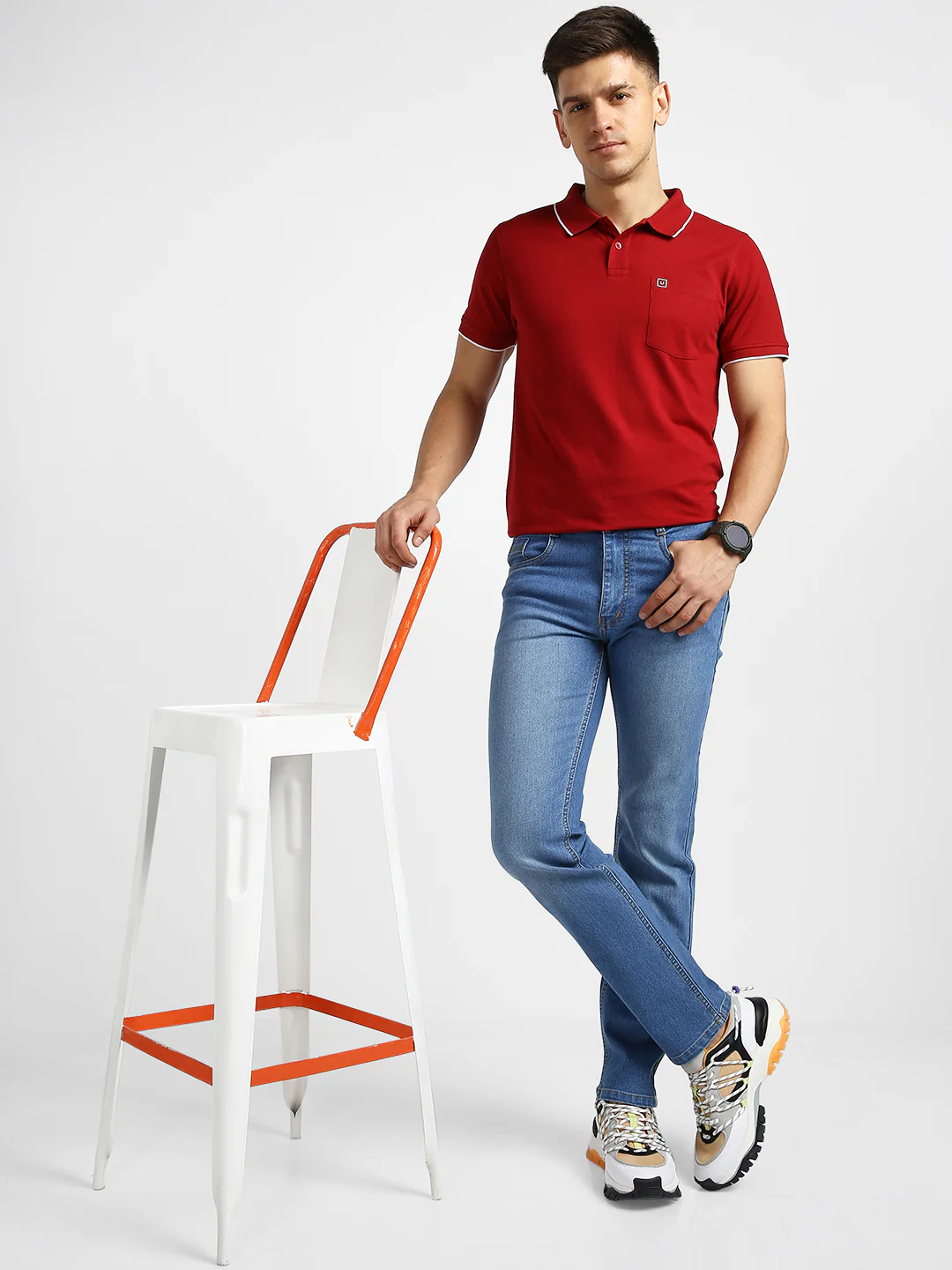 Men's Lightish Blue Regular Fit Washed Jeans Stretchable - Image 4