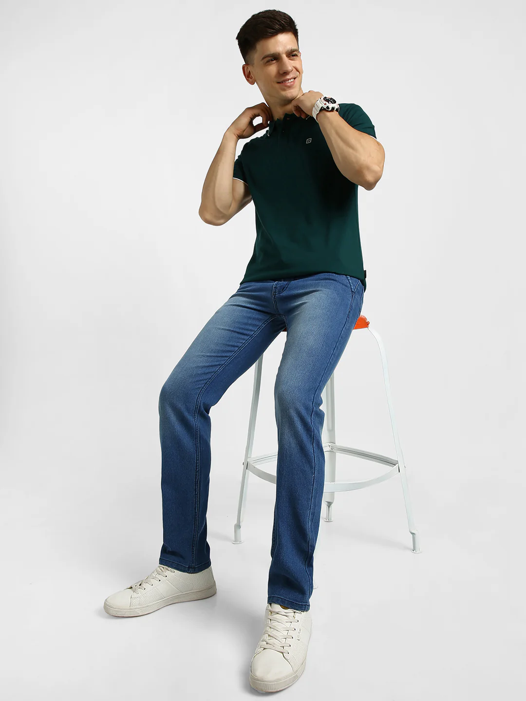 Men's Light Blue Regular Fit Washed Jeans Stretchable - Image 4