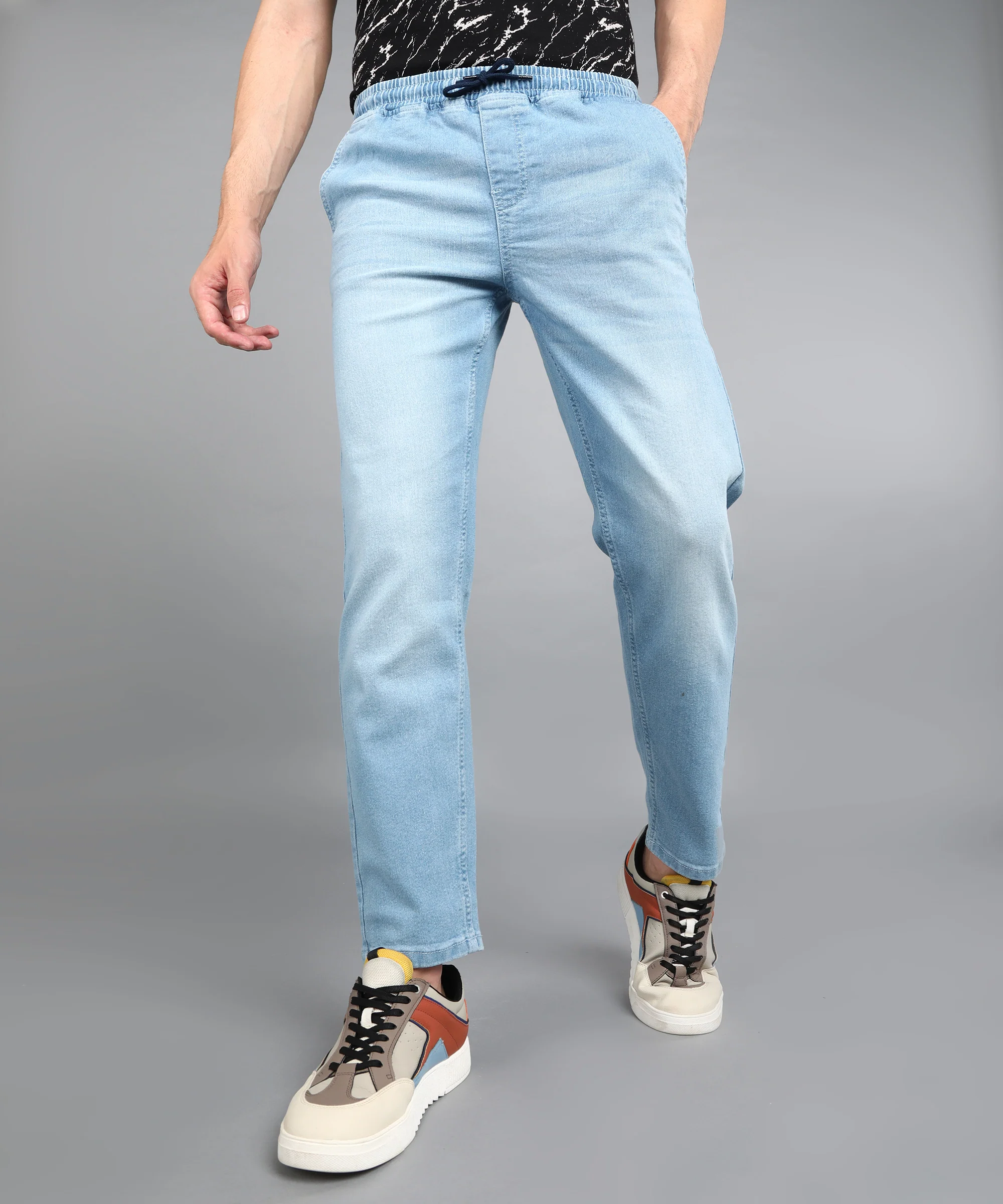 Men's Light Blue Regular Fit Washed Jogger Jeans Stretchable - Image 2