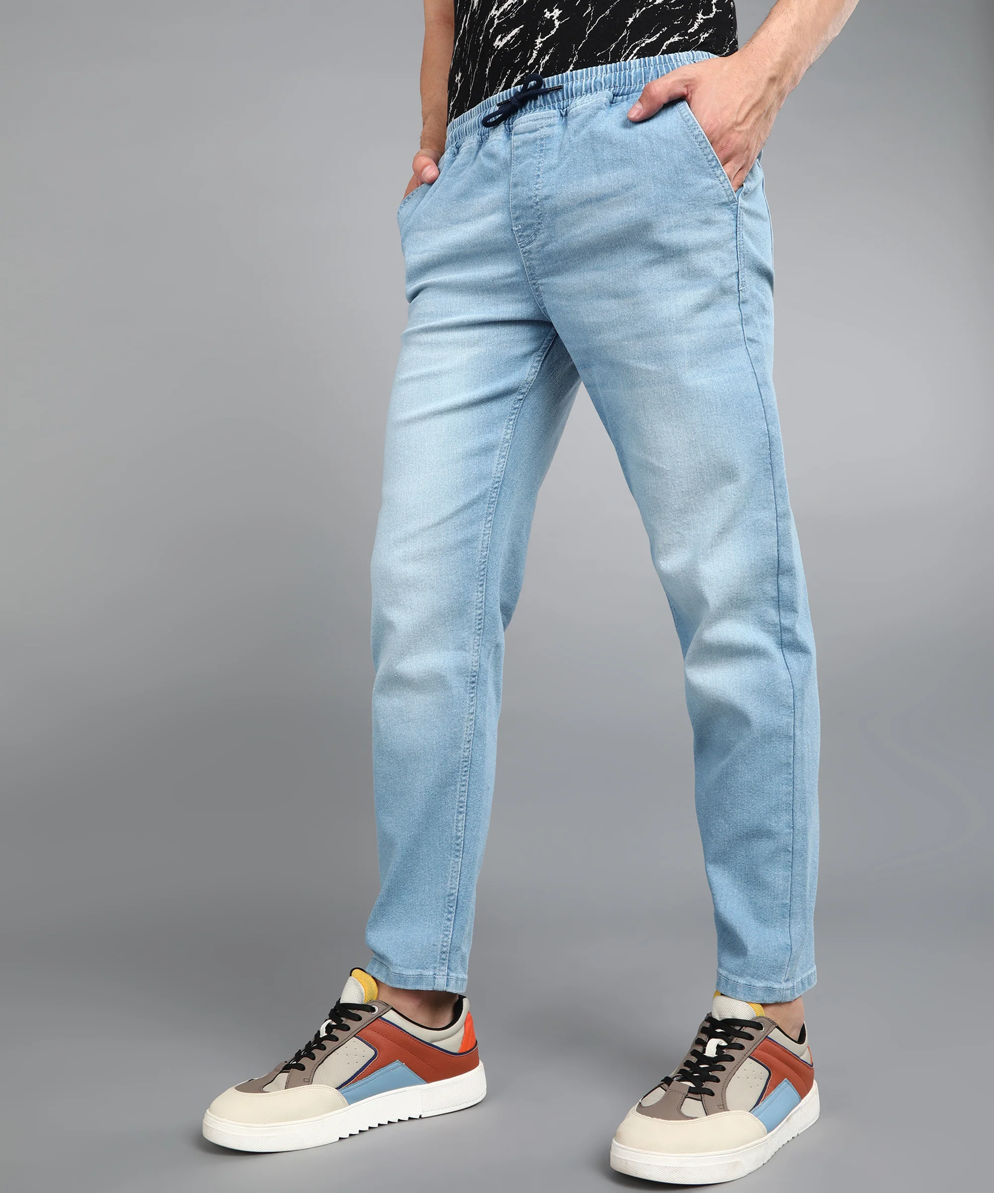 Men's Light Blue Regular Fit Washed Jogger Jeans Stretchable - Image 3