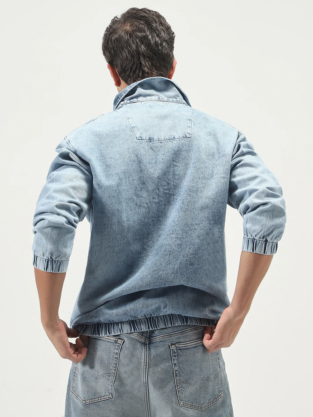 Men's Light Blue Relaxed Fit Full Sleeve Harrington Denim Jacket - Image 3