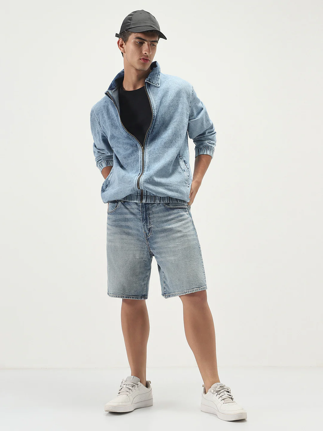 Men's Light Blue Relaxed Fit Full Sleeve Harrington Denim Jacket - Image 4