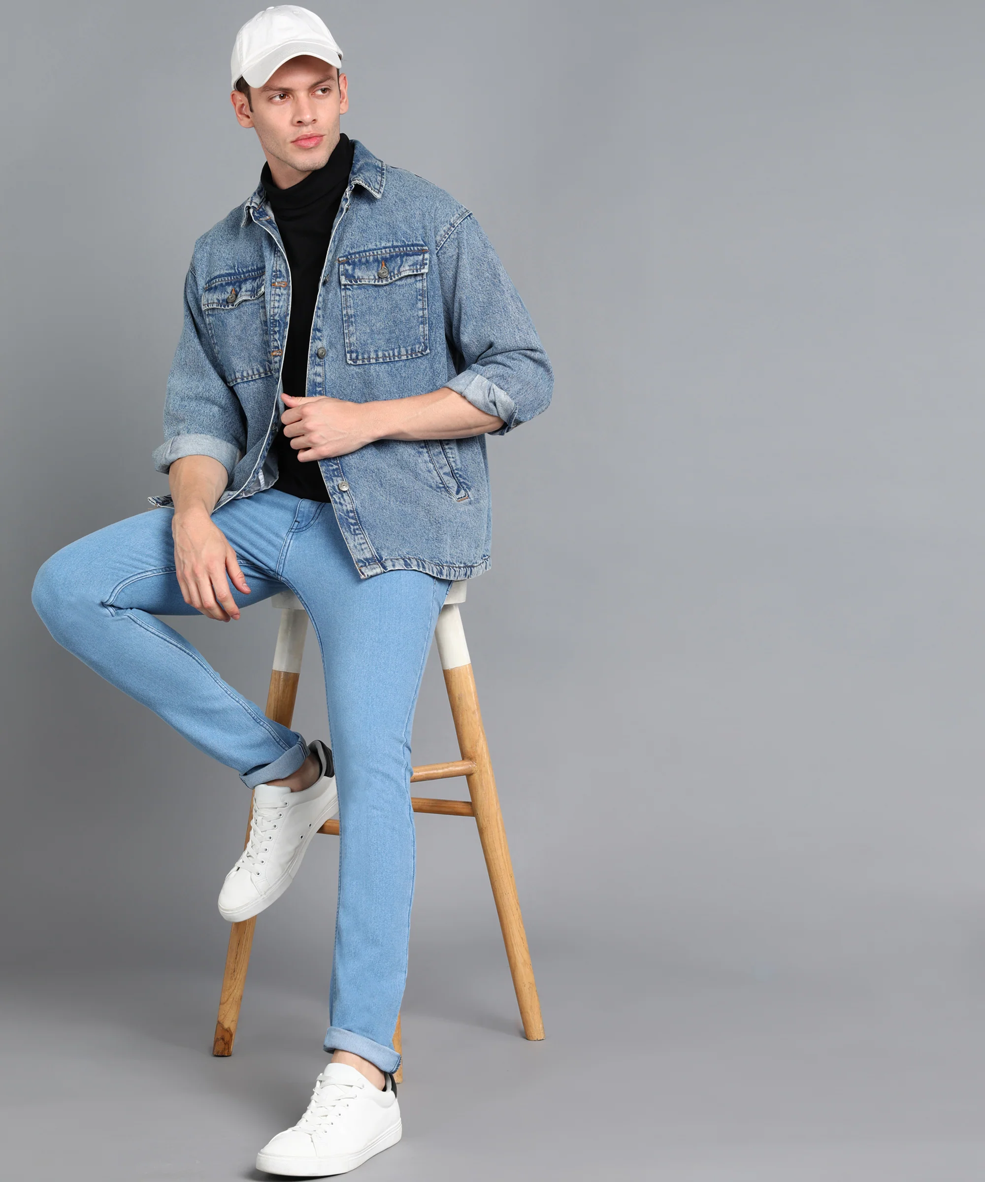 Men's Light Blue Skinny Fit Washed Jeans Stretchable - Image 4
