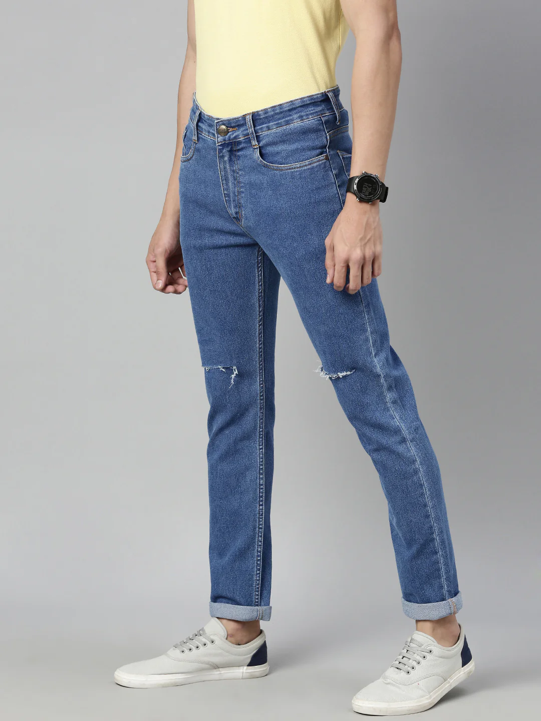Men's Light Blue Slim Fit Knee Slit Distressed Jeans Stretchable - Image 2