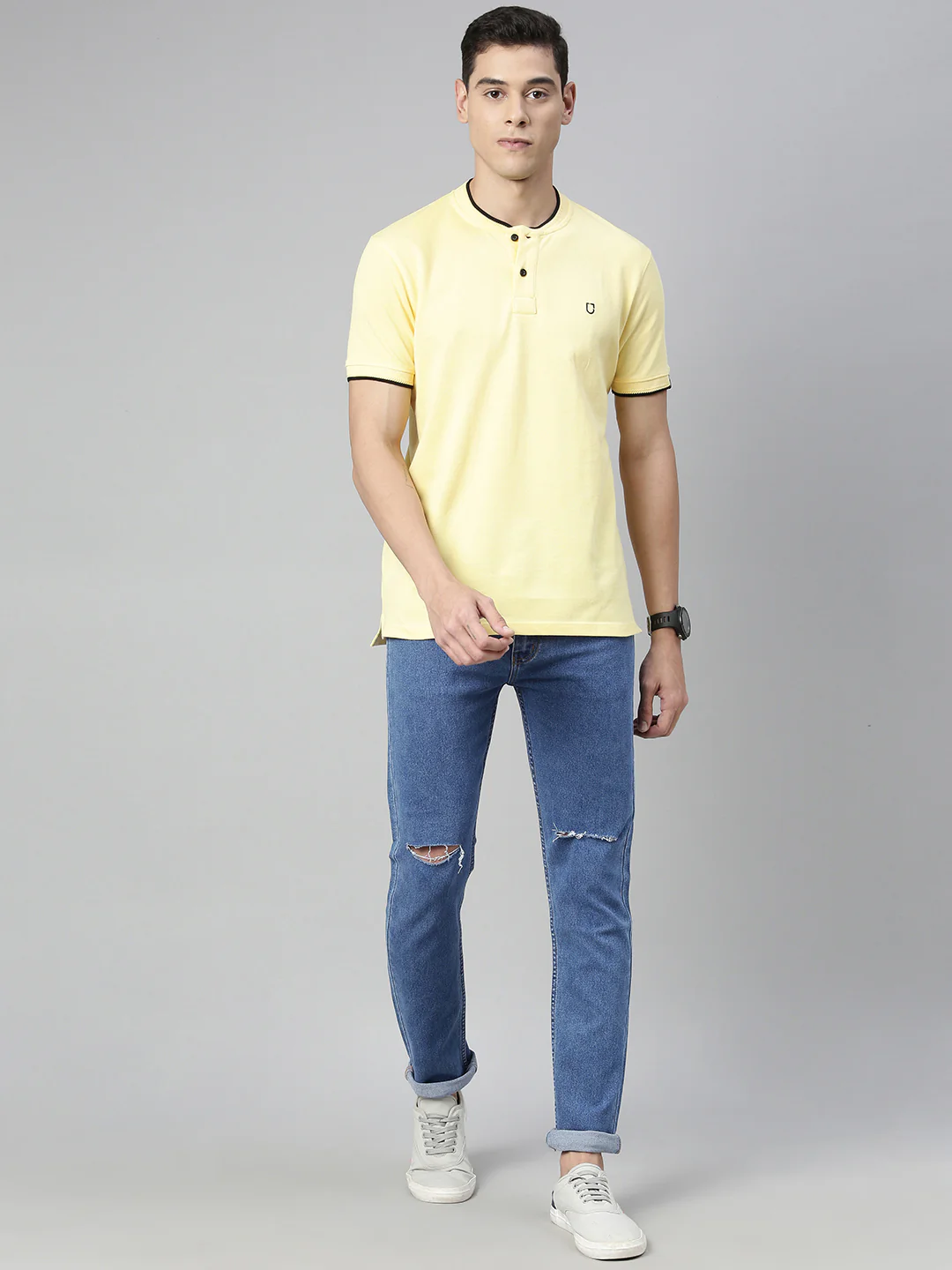 Men's Light Blue Slim Fit Knee Slit Distressed Jeans Stretchable - Image 4