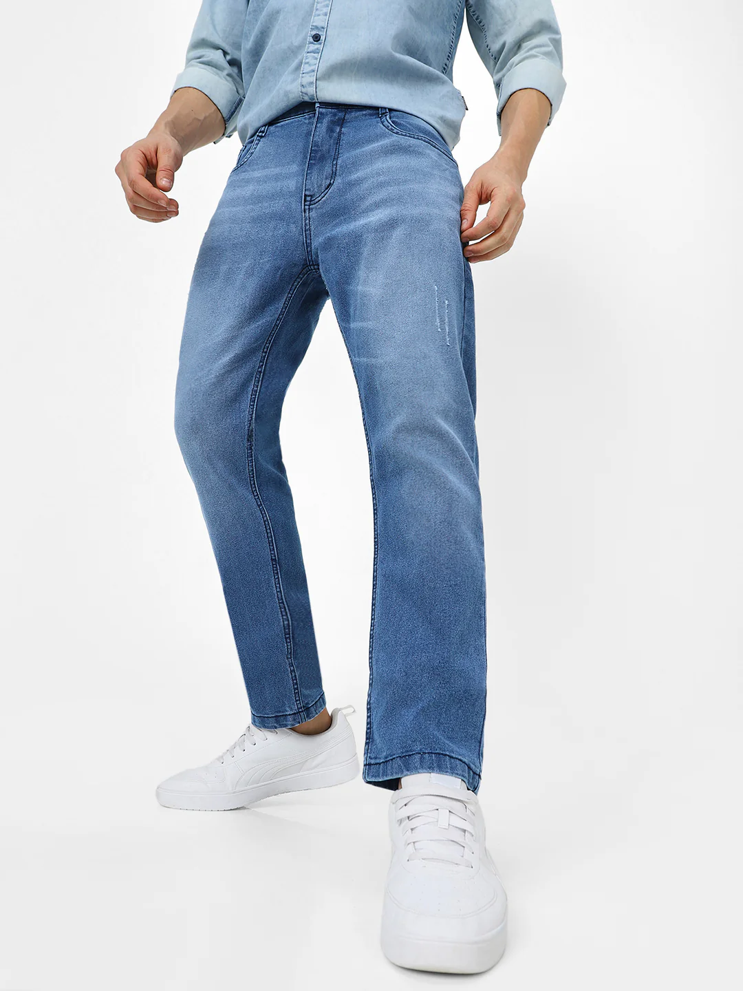 Men's Light Blue Slim Fit Mild Distressed/Torn Jeans Stretchable - Image 2
