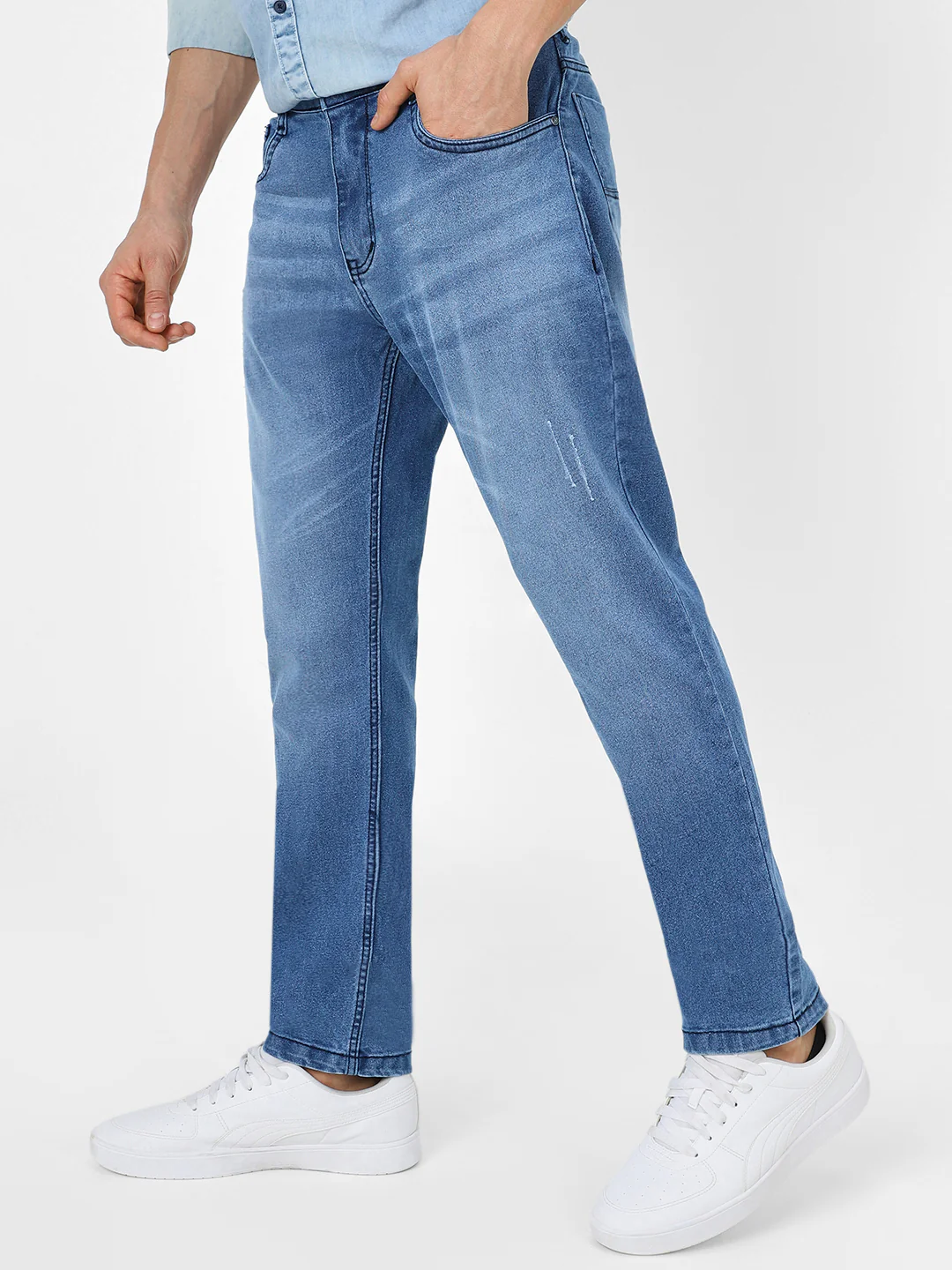 Men's Light Blue Slim Fit Mild Distressed/Torn Jeans Stretchable - Image 3