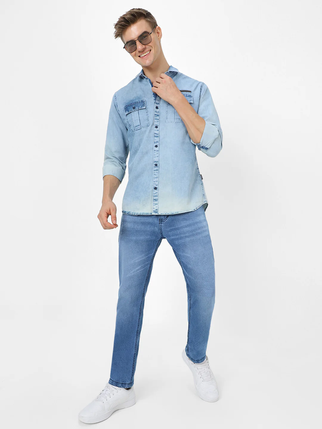 Men's Light Blue Slim Fit Mild Distressed/Torn Jeans Stretchable - Image 5