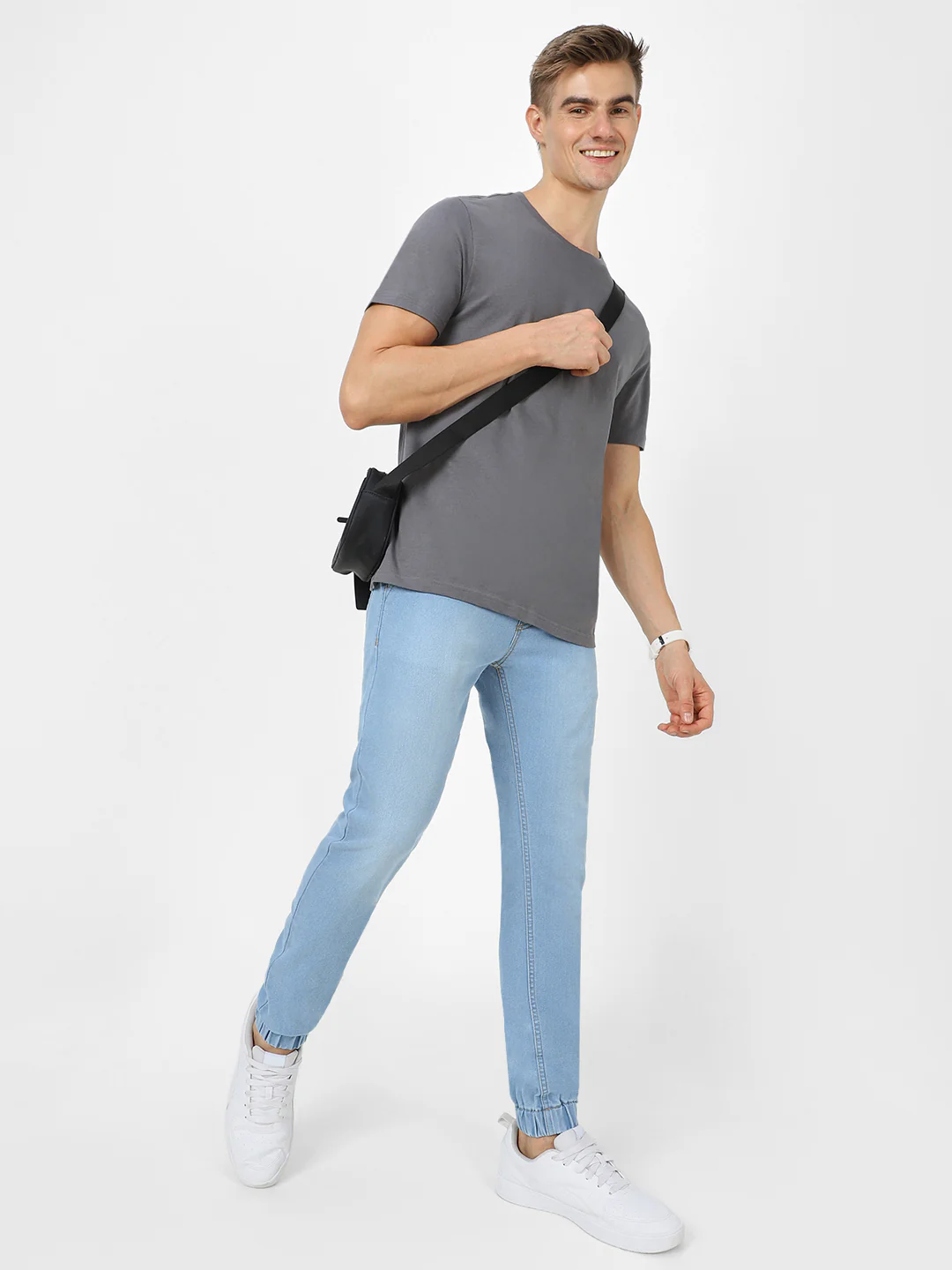 Men's Light Blue Slim Fit Stretch Jogger Jeans - Image 5