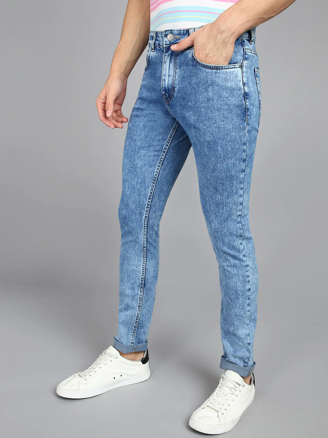 Men's Light Blue Slim Fit Towel Washed Jeans Stretch - Image 2
