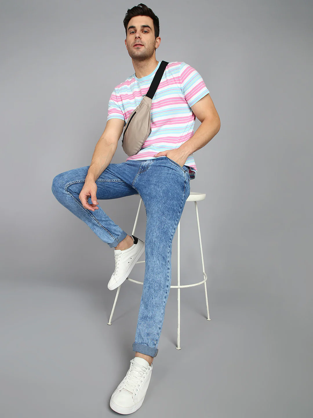 Men's Light Blue Slim Fit Towel Washed Jeans Stretch - Image 4