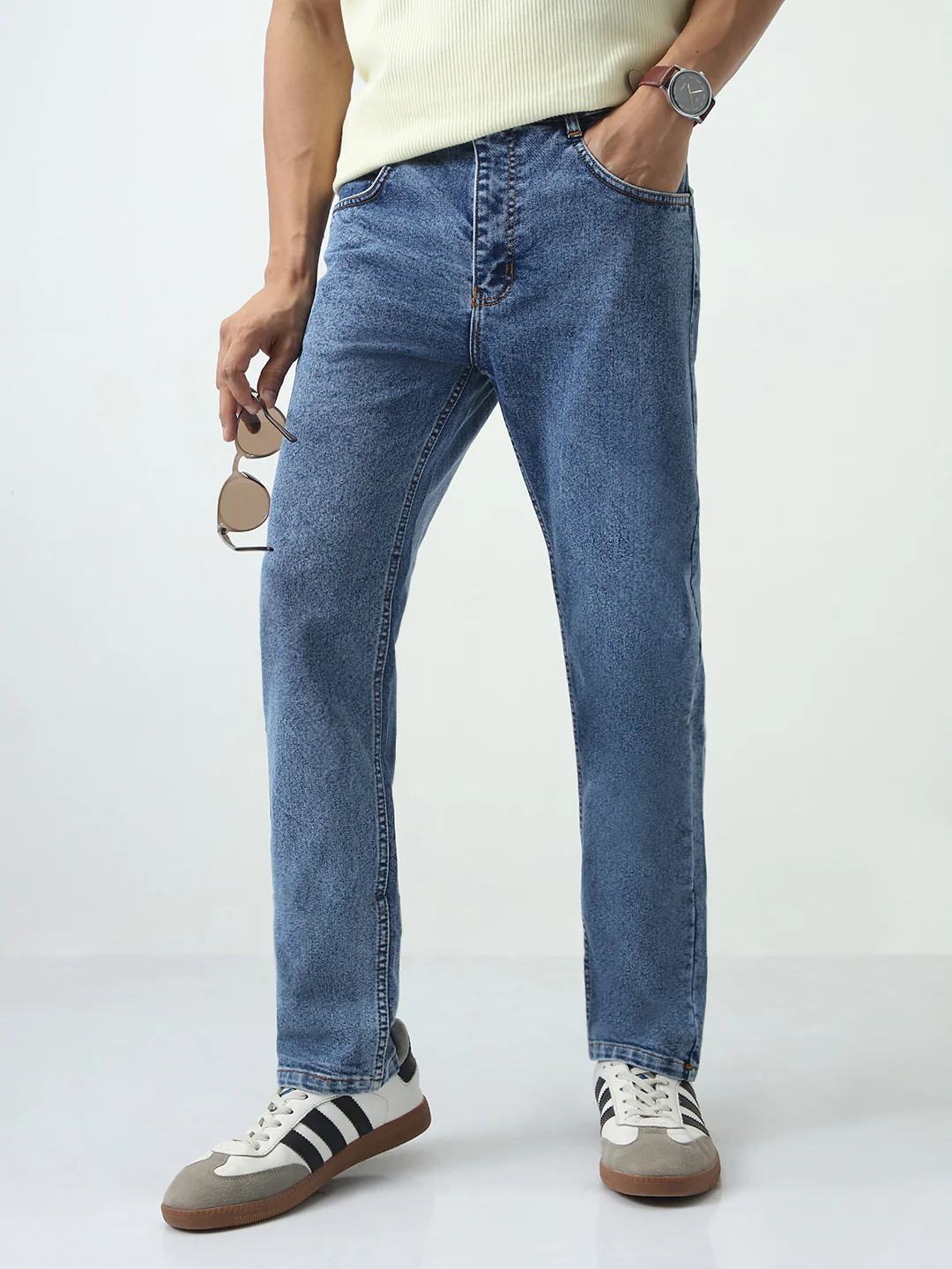 Men's Light Blue Slim Fit Washed Denim Jeans Stretchable - Image 2