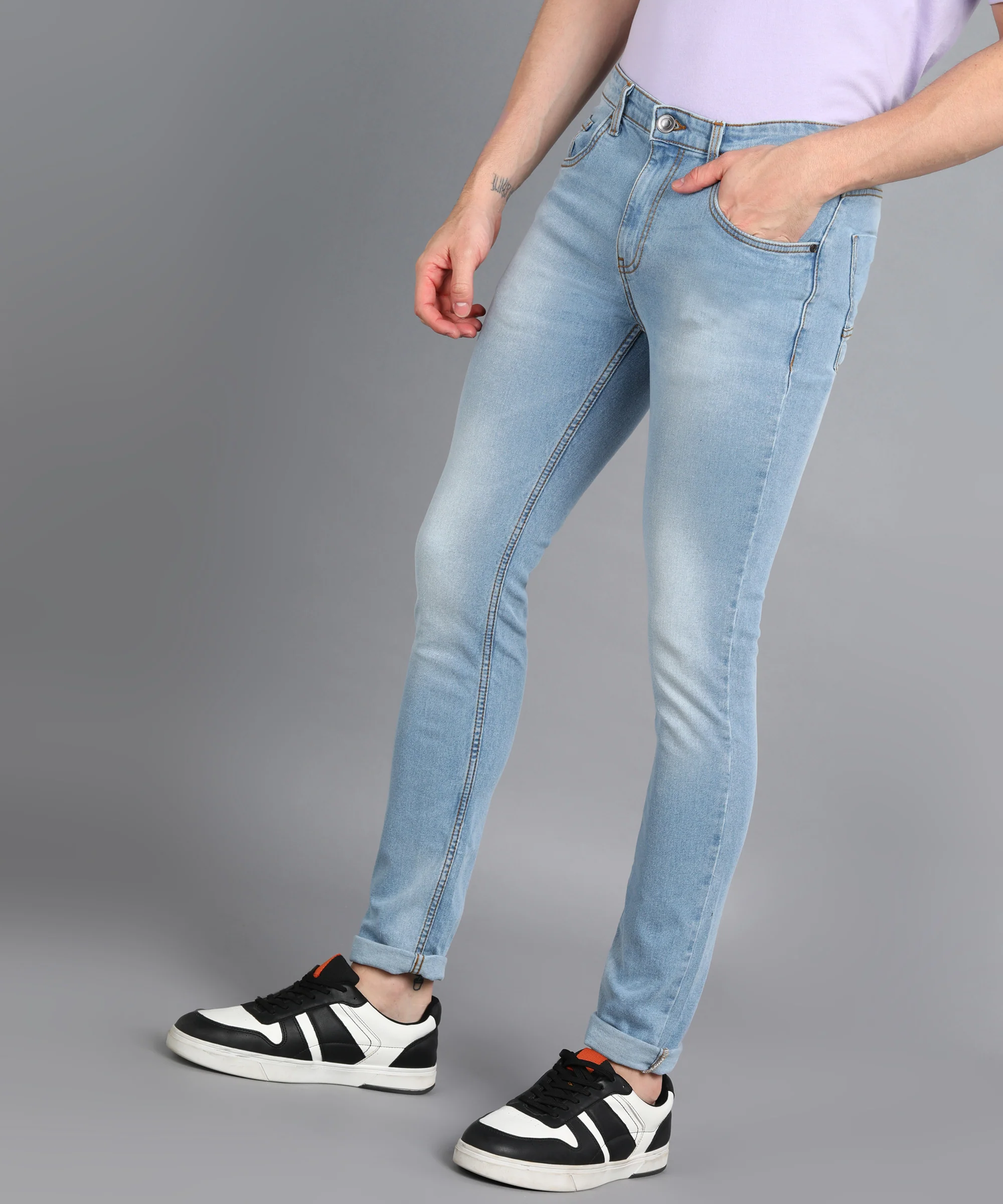 Men's Light Blue Slim Fit Washed Jeans Stretchable - Image 2