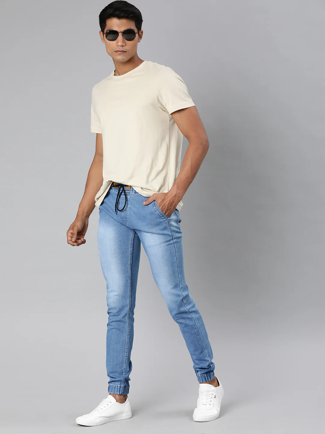 Men's Light Blue Slim Fit Washed Jogger Jeans Stretchable - Image 4