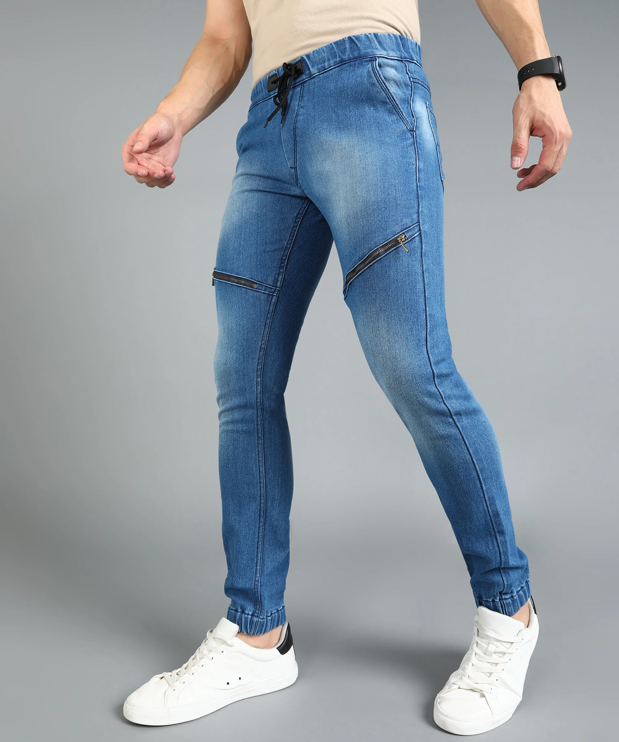 Men's Light Blue Slim Fit Zippered Jogger Jeans Stretchable - Image 2